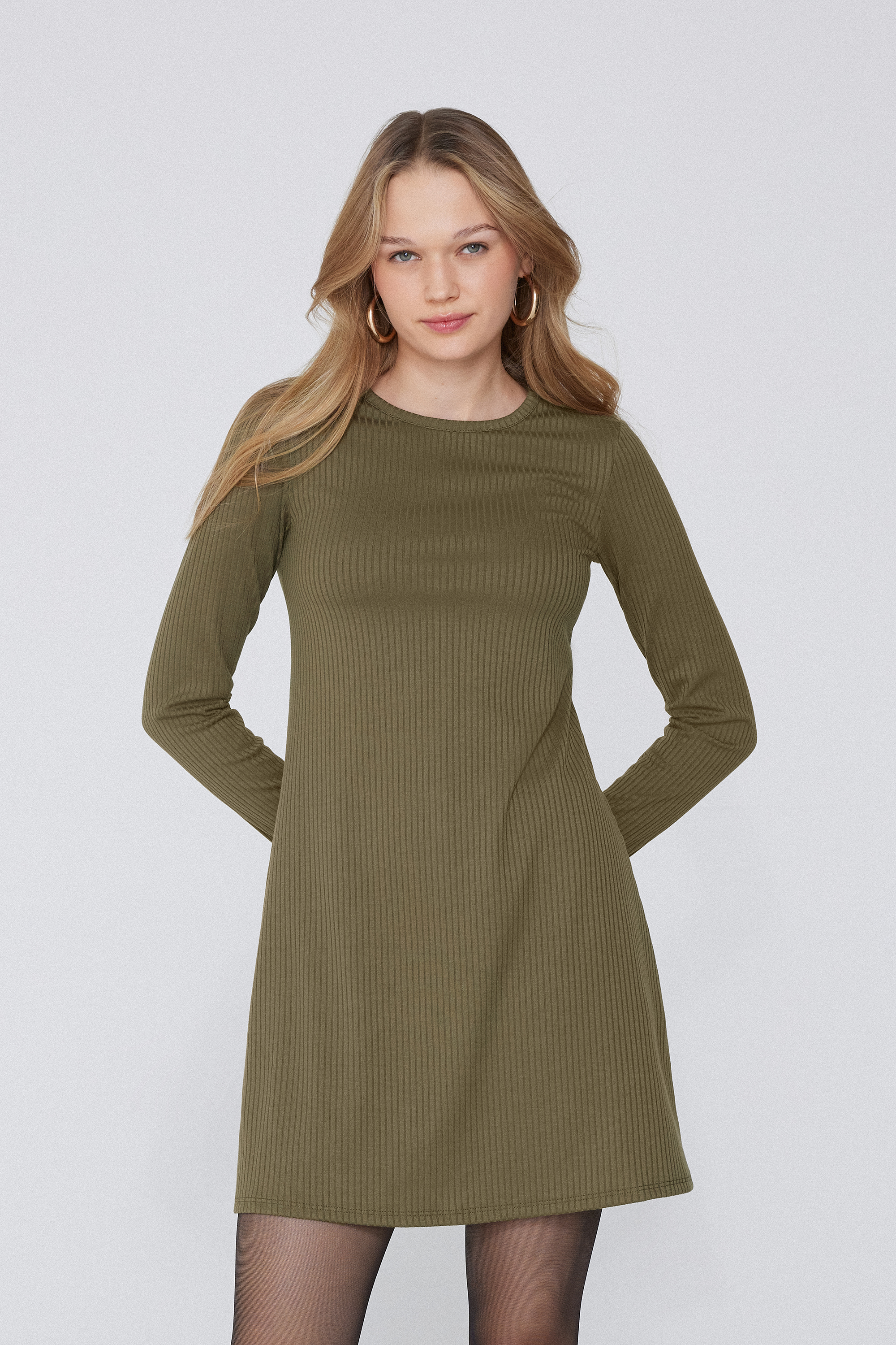 Vestito Corto Manica Lunga Girocollo Costine