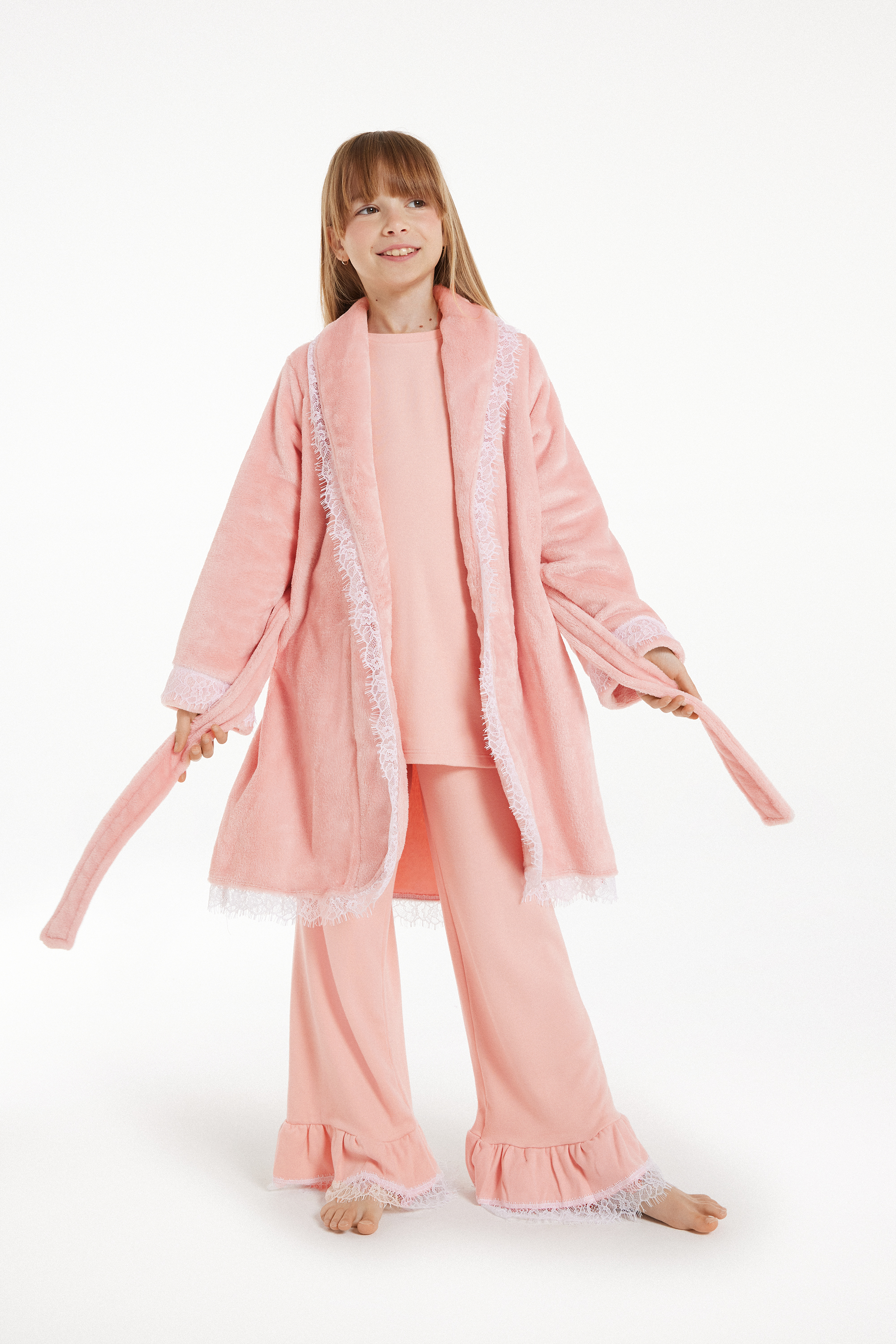 Girls’ Long-Sleeved Fleece and Lace Dressing Gown