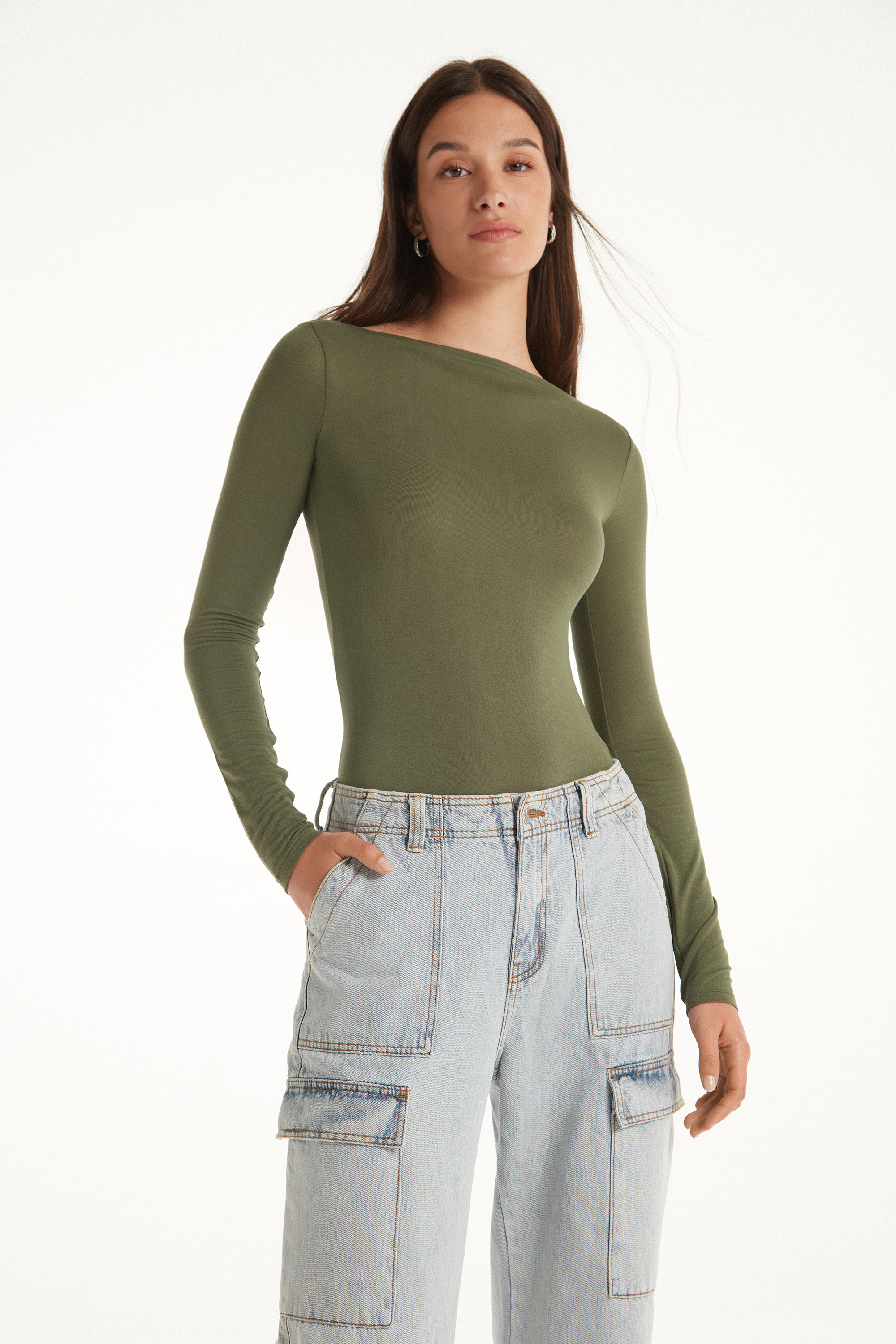Long-Sleeved Viscose Top with Boat Neck
