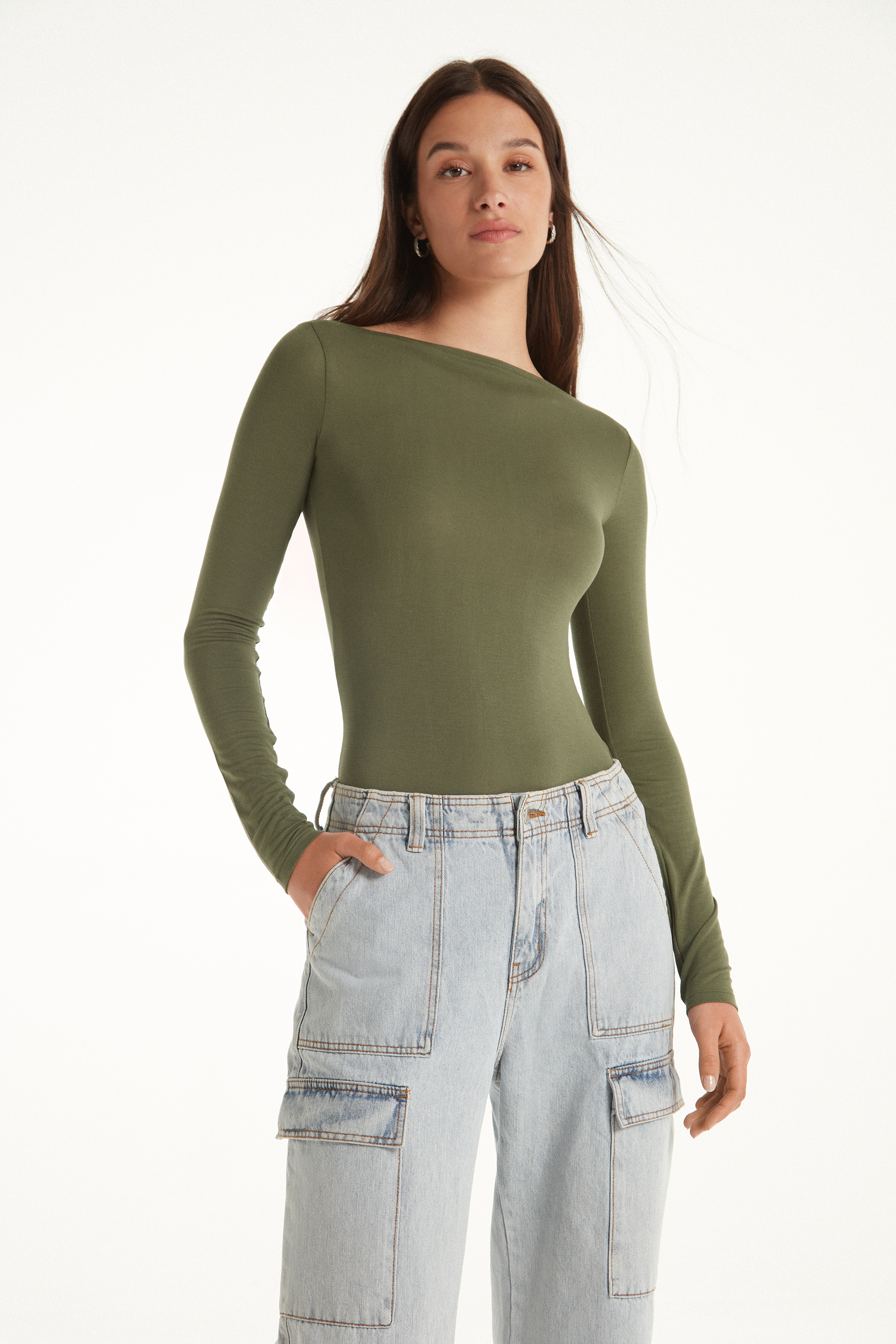 Camiseta de Manga Larga con Cuello Barco de Viscosa
