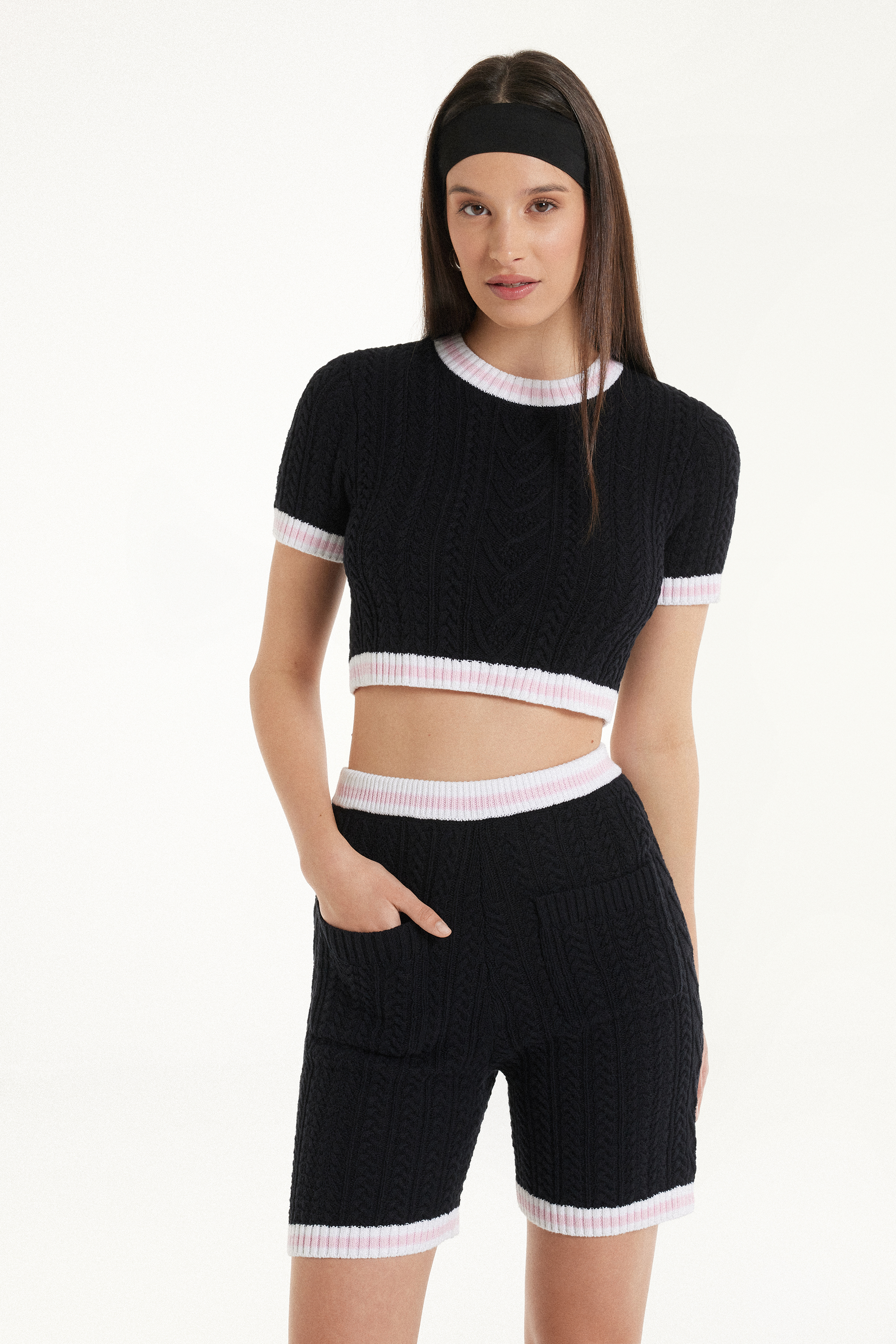 Cable Knit Fabric Short Sleeve Cropped Top