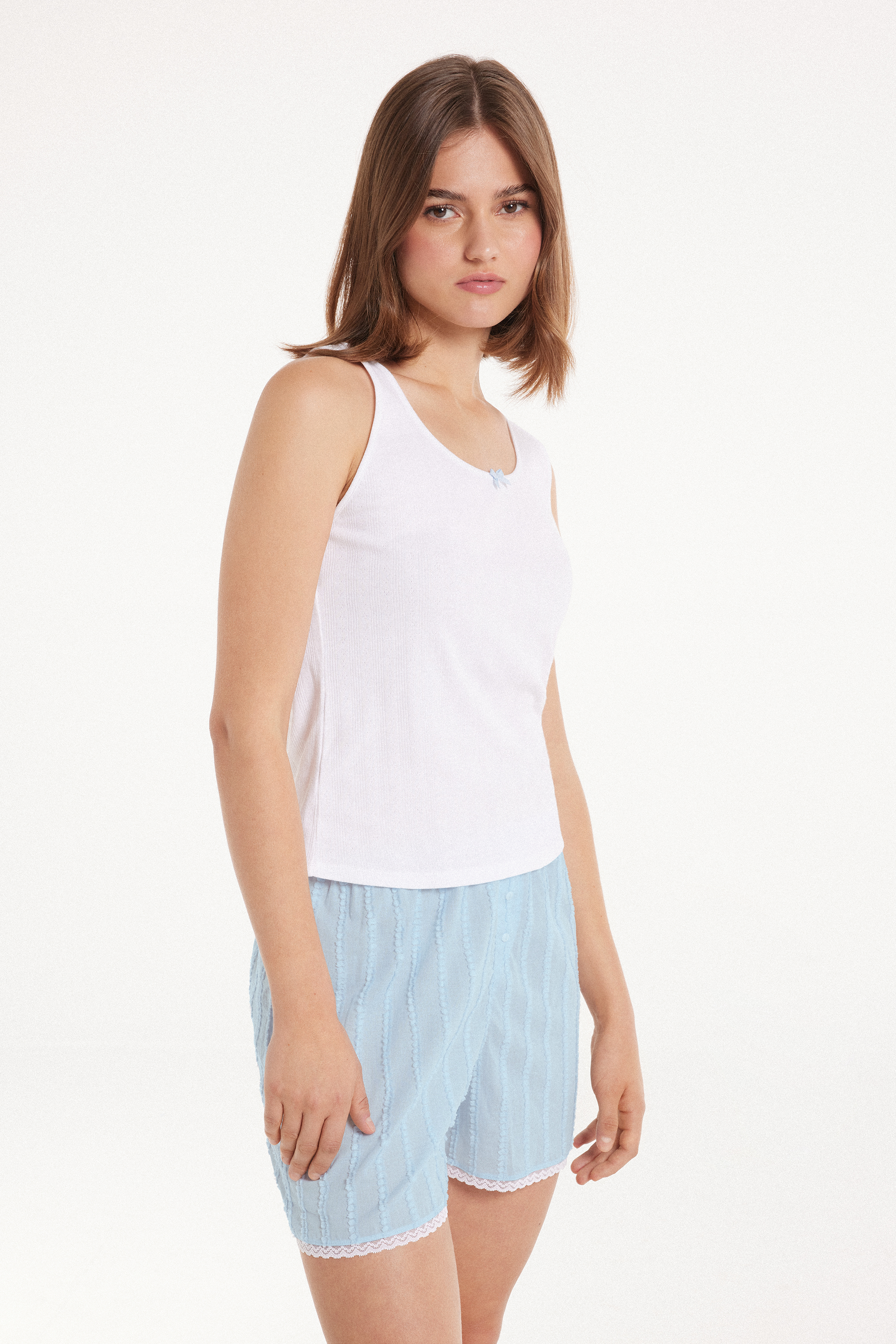 Short Pointelle and Canvas Pyjamas with Narrow Shoulder Straps