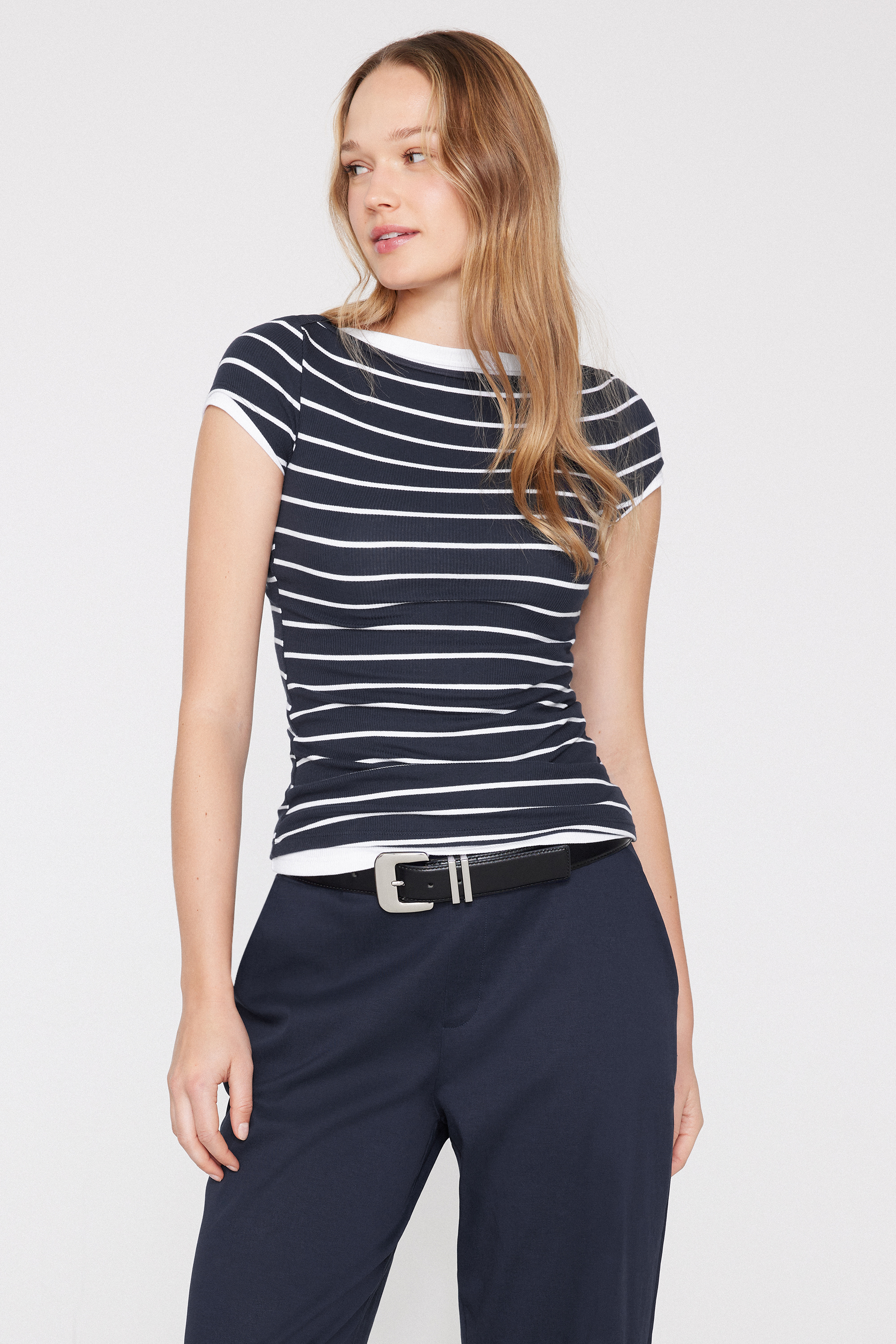 Ribbed Cotton Bateau Neck T-Shirt