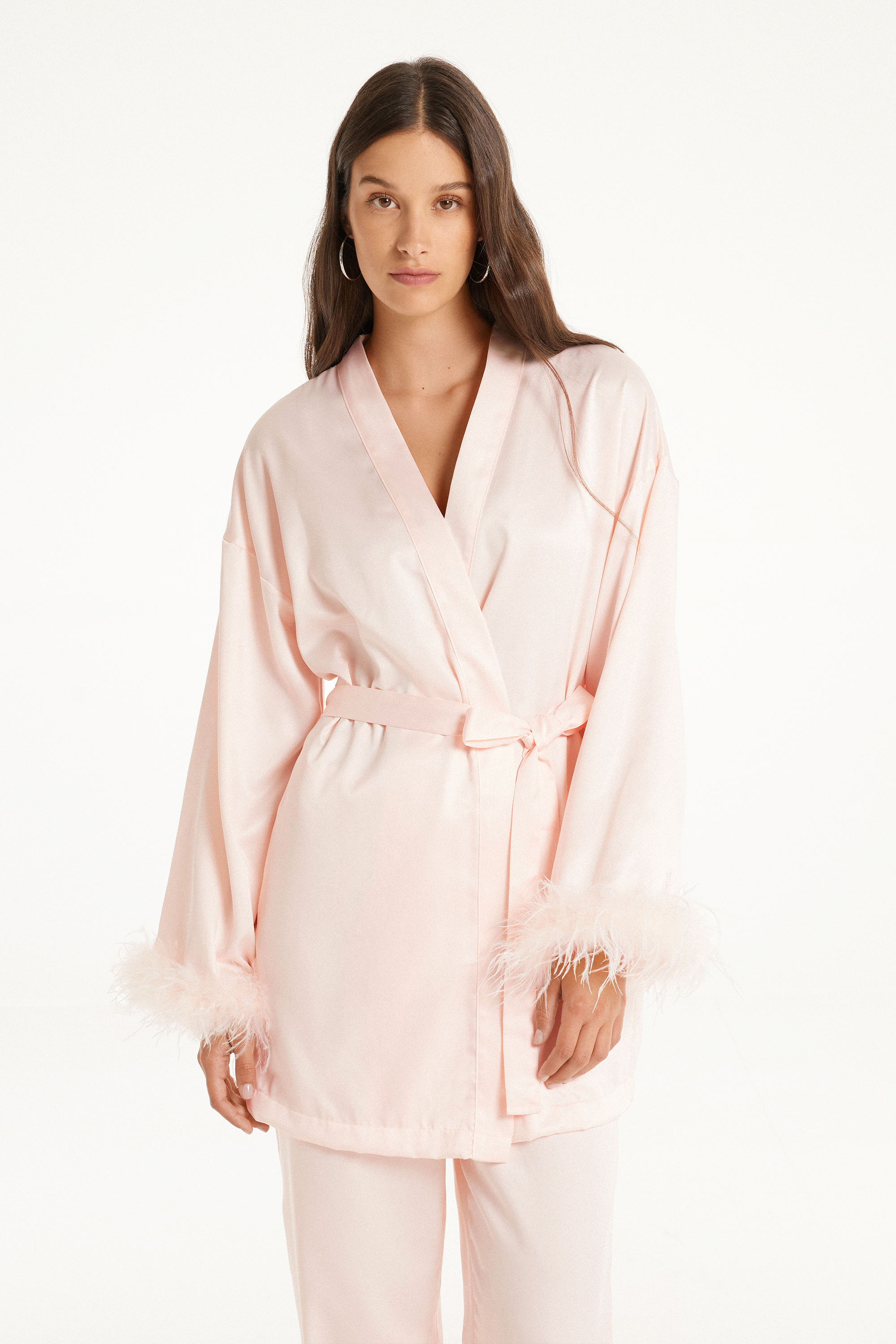 Limited Edition Long-Sleeved Satin Dressing Gown with Feathers