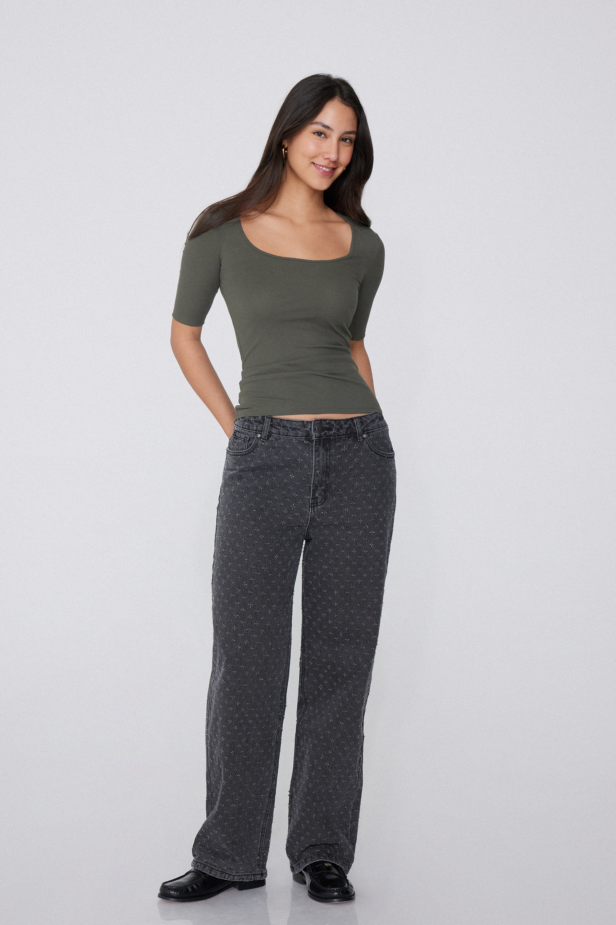 Short Sleeved Square Neck Ribbed Cotton T-shirt