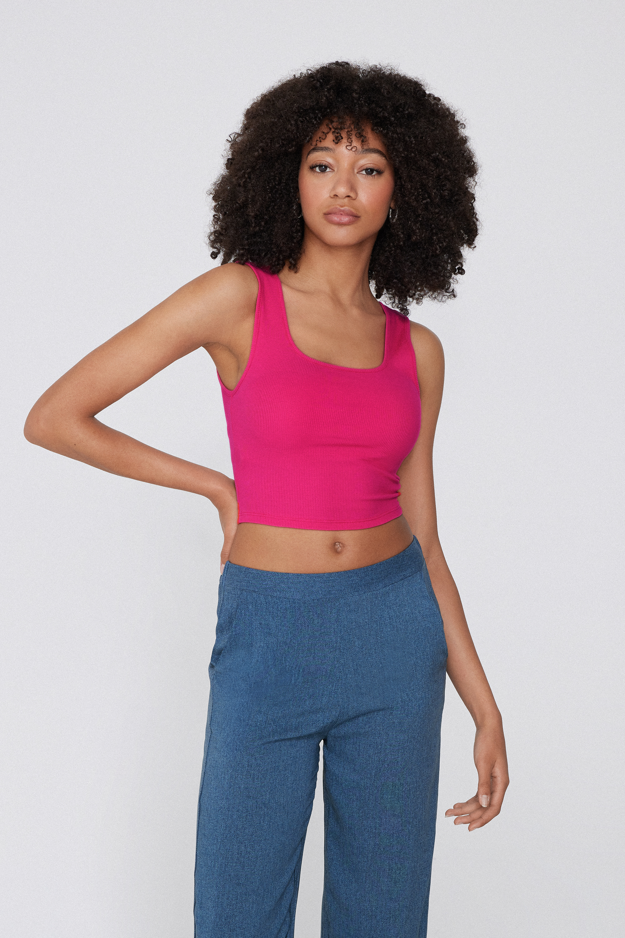 Wide Shoulder Strap Ribbed Cotton Crop Top