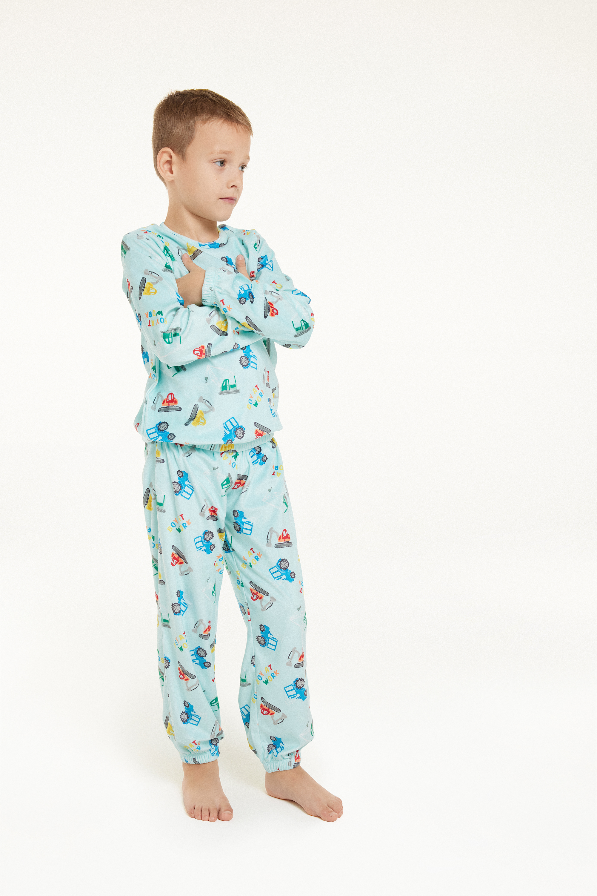 Langer Pyjama aus Mikrofleece mit Traktoren-Print