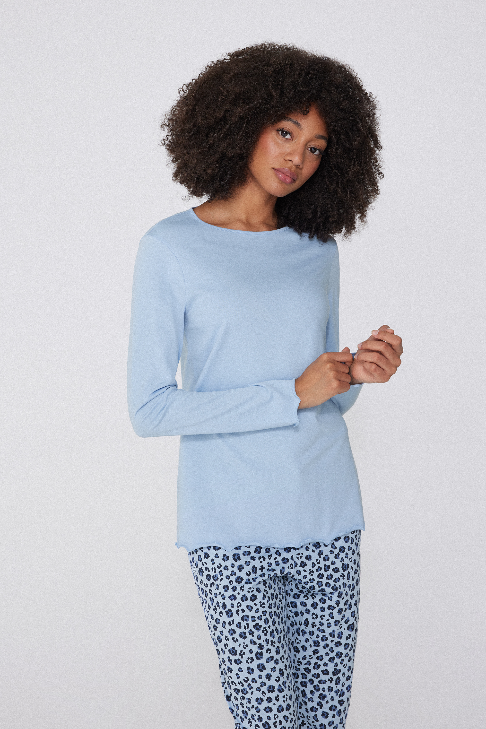 Long Sleeve Cotton Top with Rolled Hem