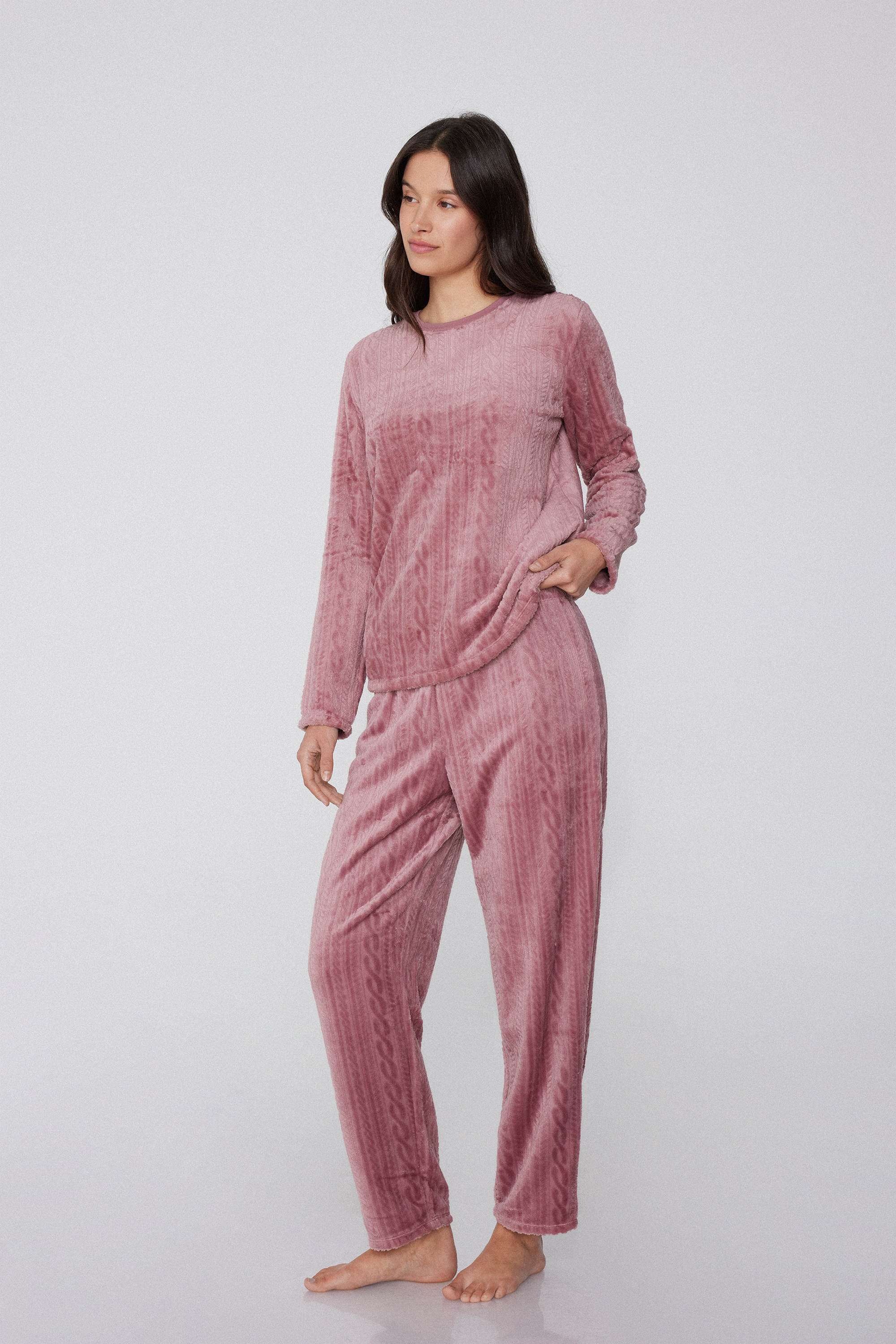 Pijama Lungă din Fleece Devoré Imprimeu Împletituri