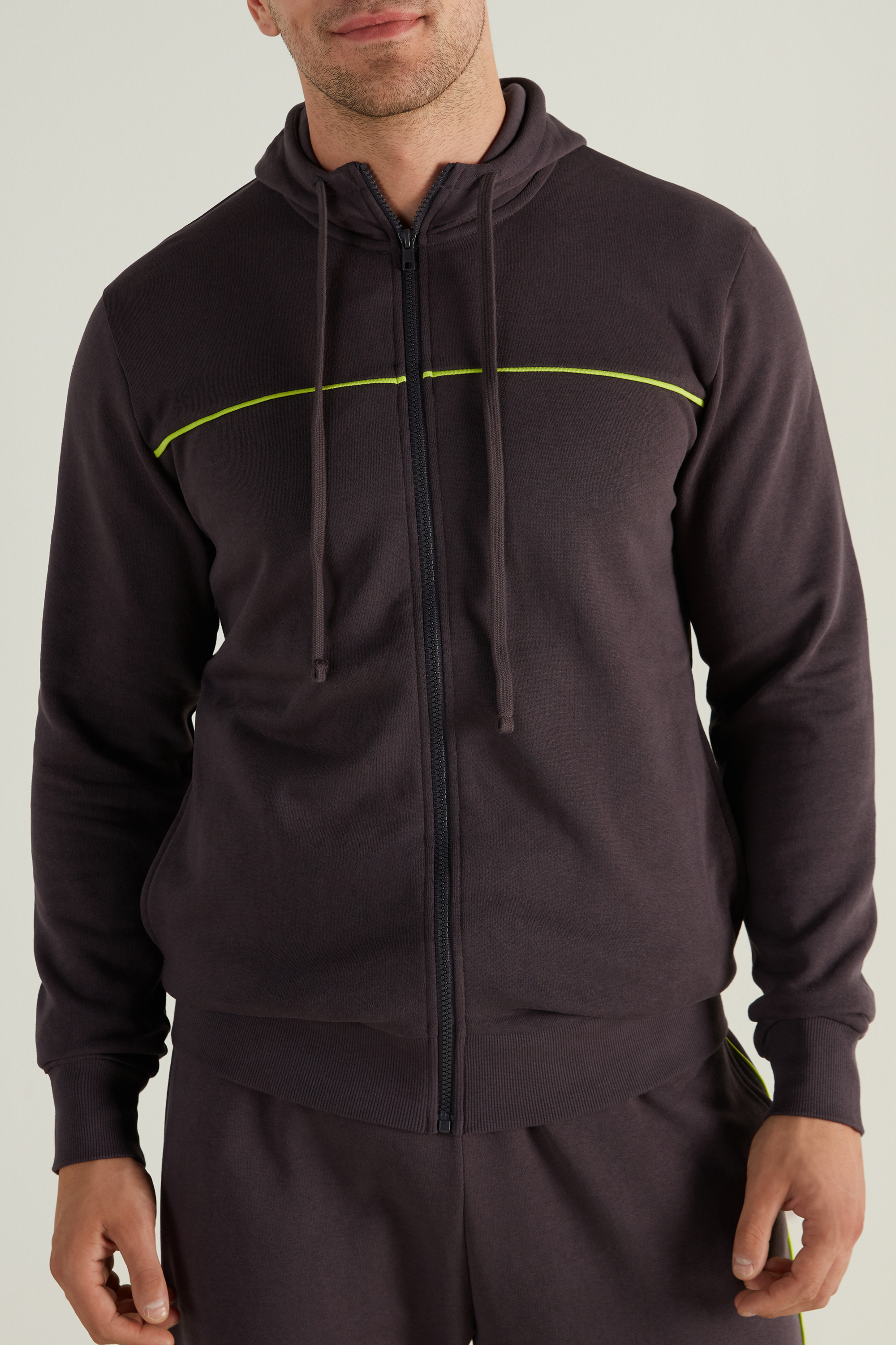 Zip Loose Cotton Men Sweatshirt Pockets Up Grey Spring TC018