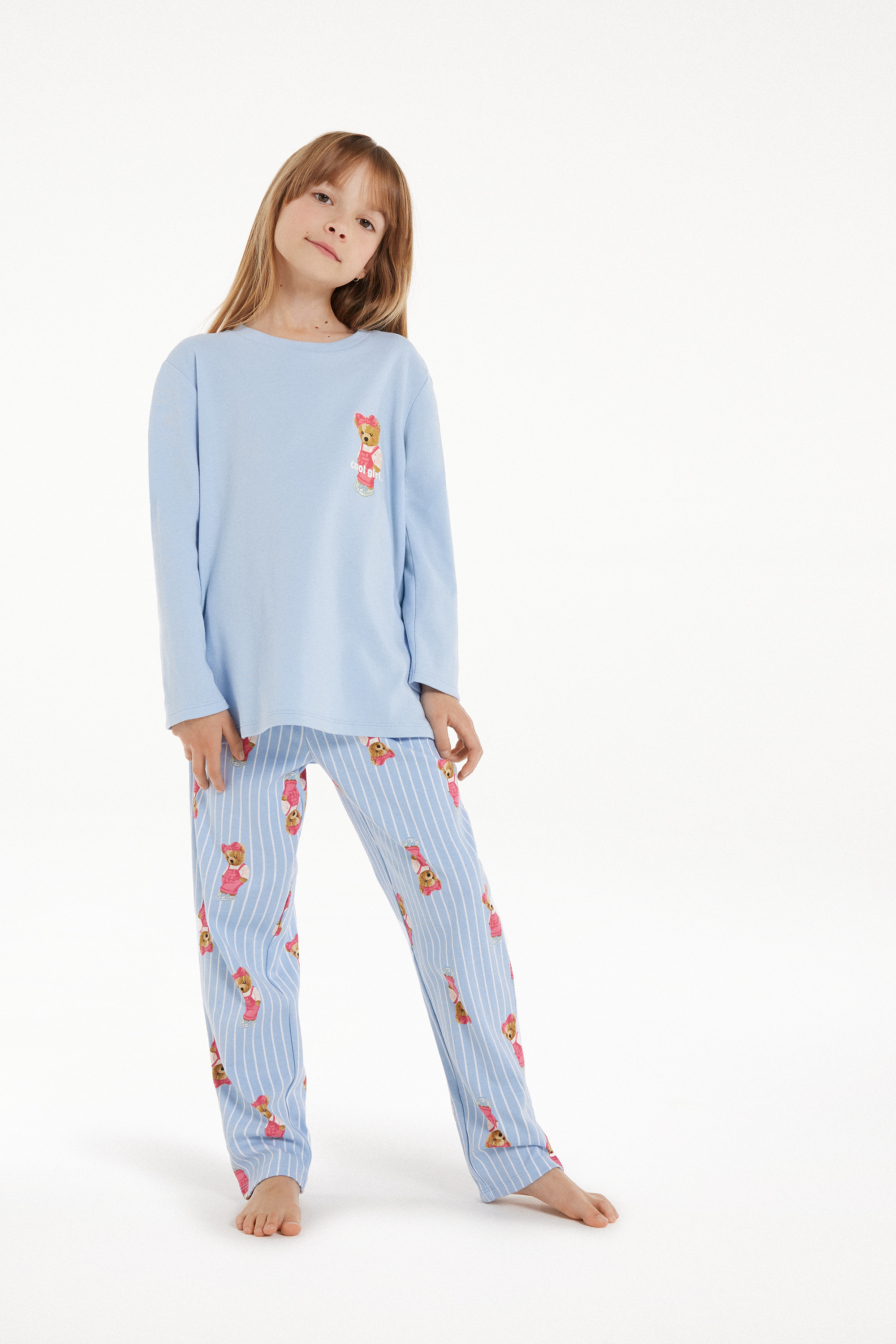 Pijama Largo de Algodón para Niña con Estampado de Osito