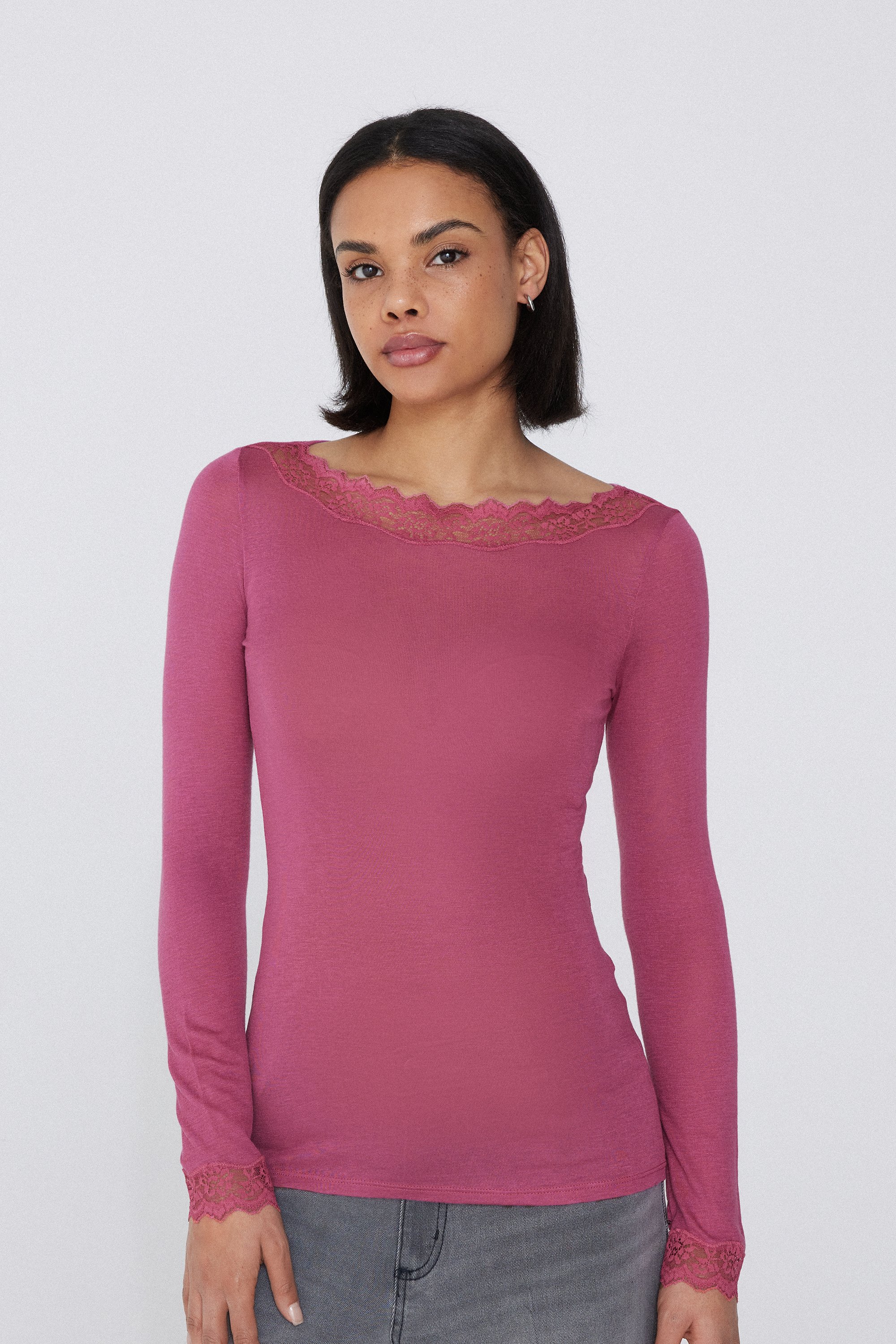 Long-Sleeved Lace/Merino Wool Top with Boat Neck