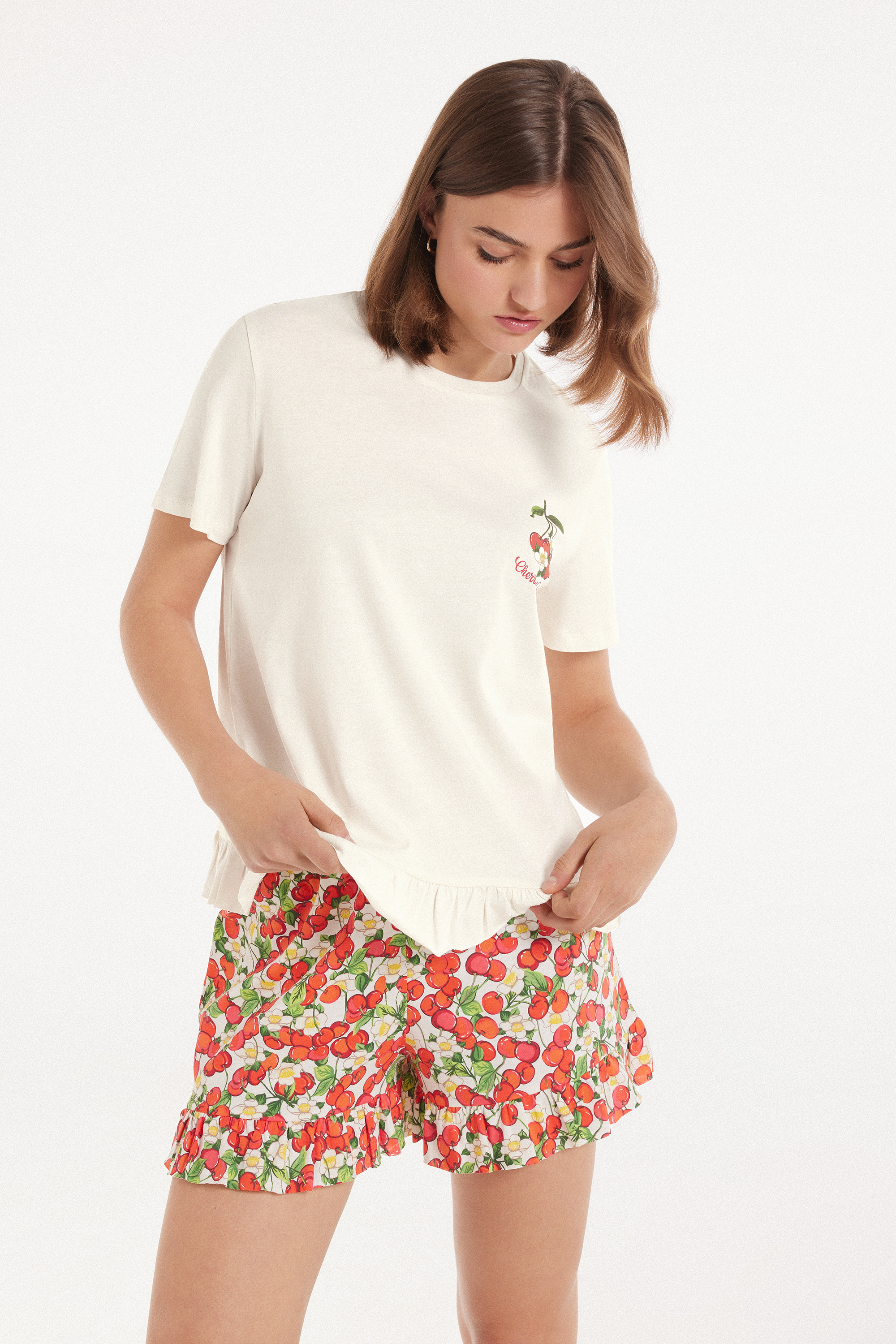 Short Cotton Cherry Print Pyjamas with Short Sleeves