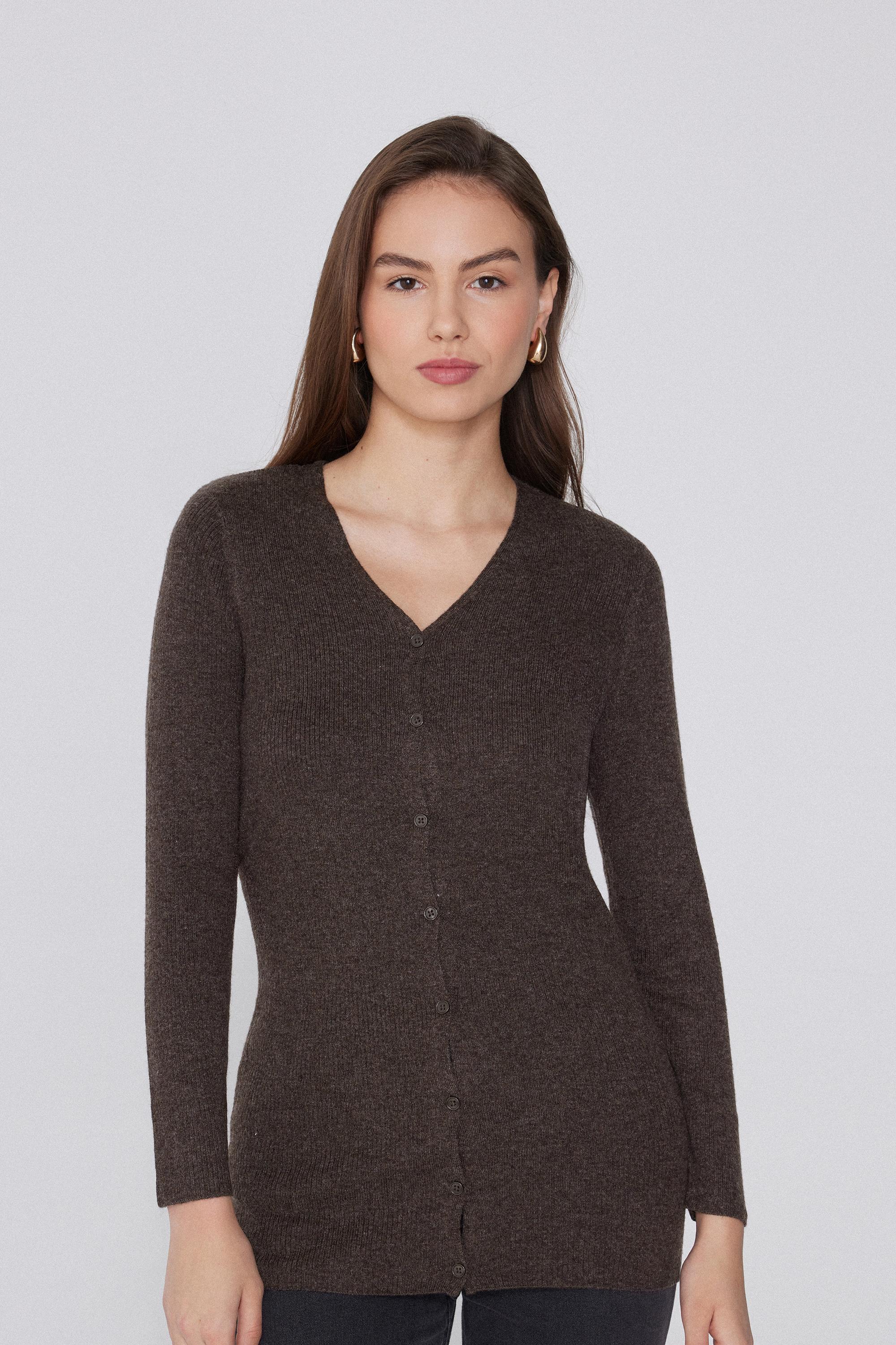 Cardigan Long Épais Côtelé Col en V avec Laine