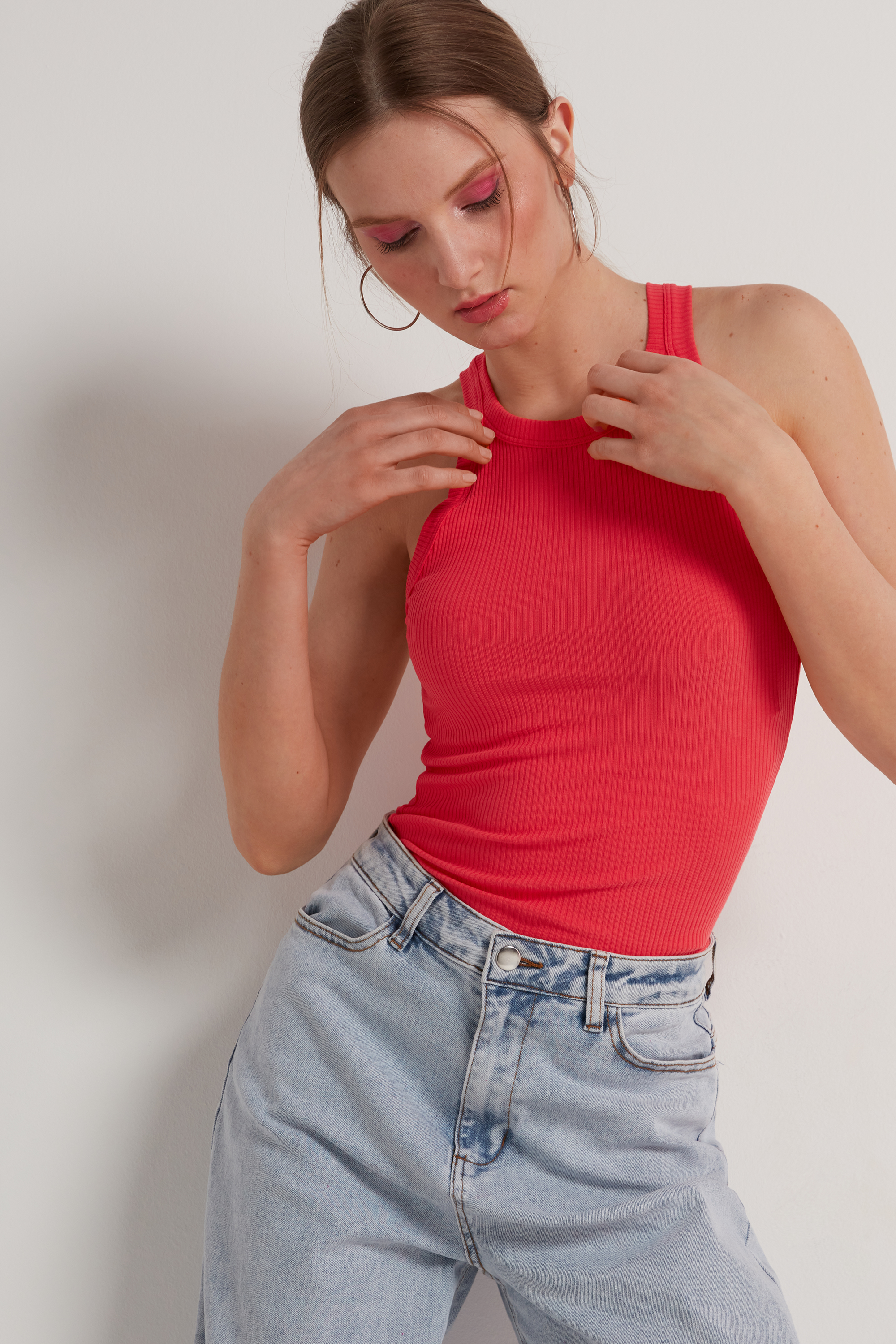 Camiseta de Tirantes de Canalé de Algodón con Espalda Nadadora
