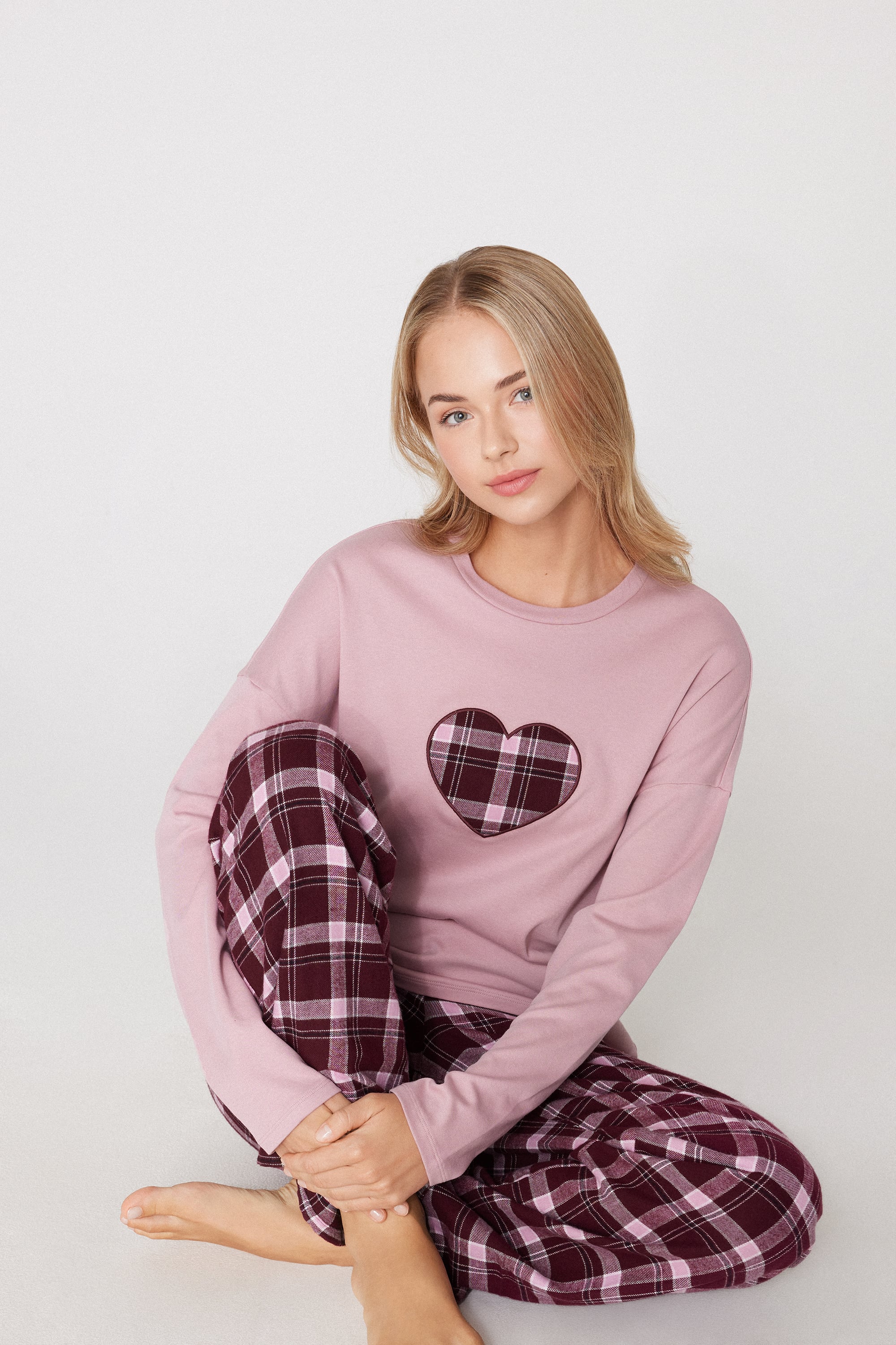 Pigiama Lungo in Cotone/Flanella con Cuore