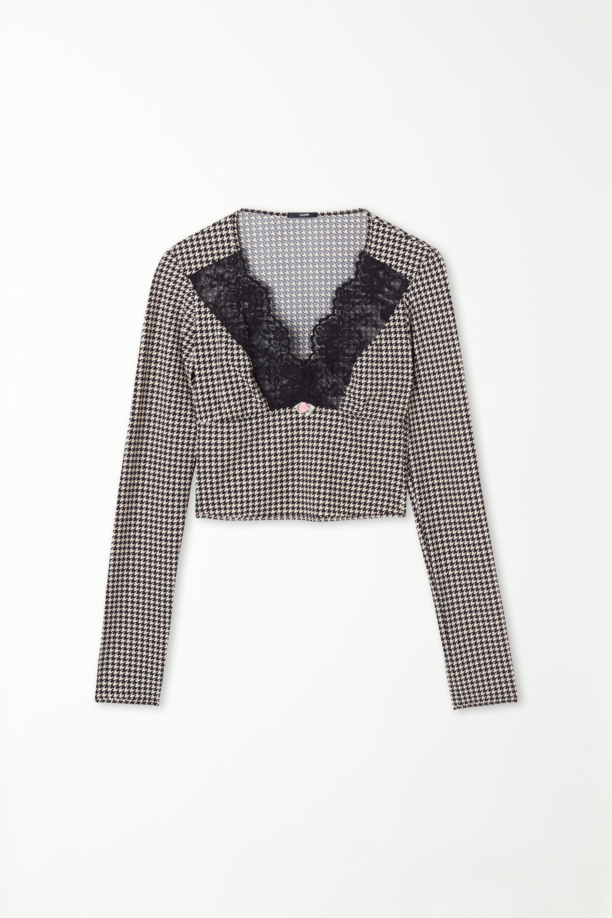 Roses Houndstooth Long-Sleeved Crop Top