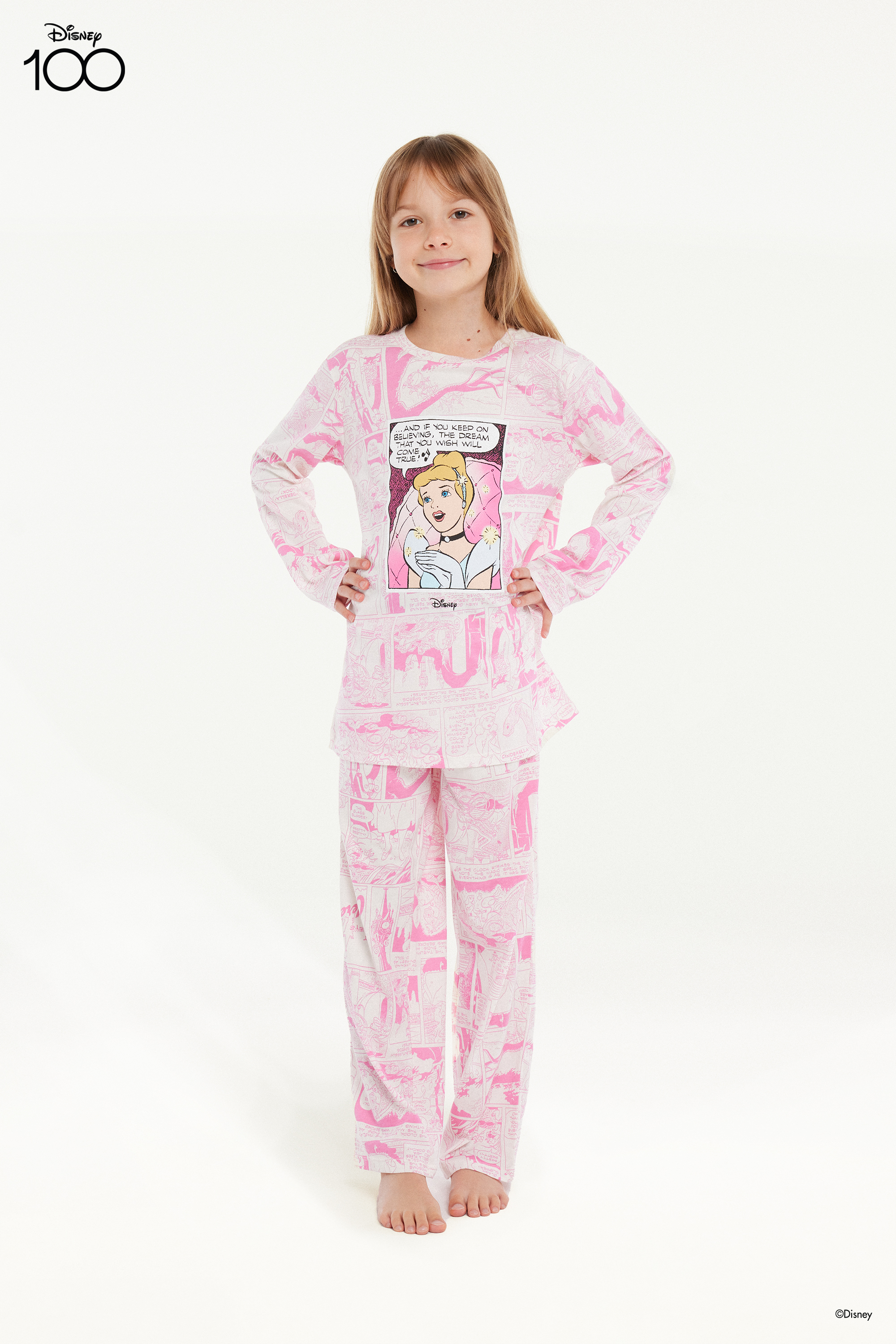 Langer Pyjama für Mädchen aus Baumwolle mit Disney 100-Print