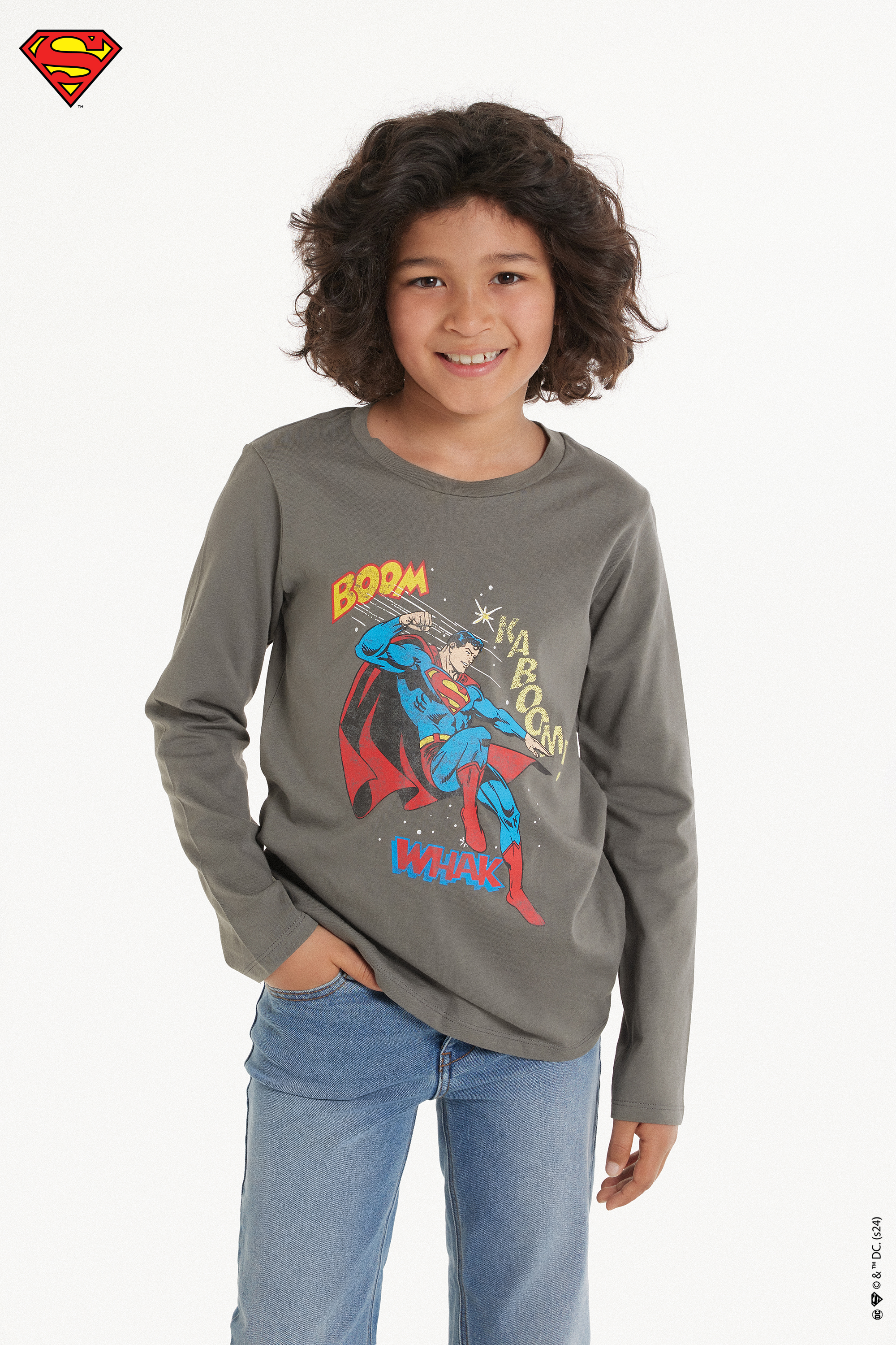 Boys’ Long-Sleeved Rounded-Neck Jersey with Superman Print