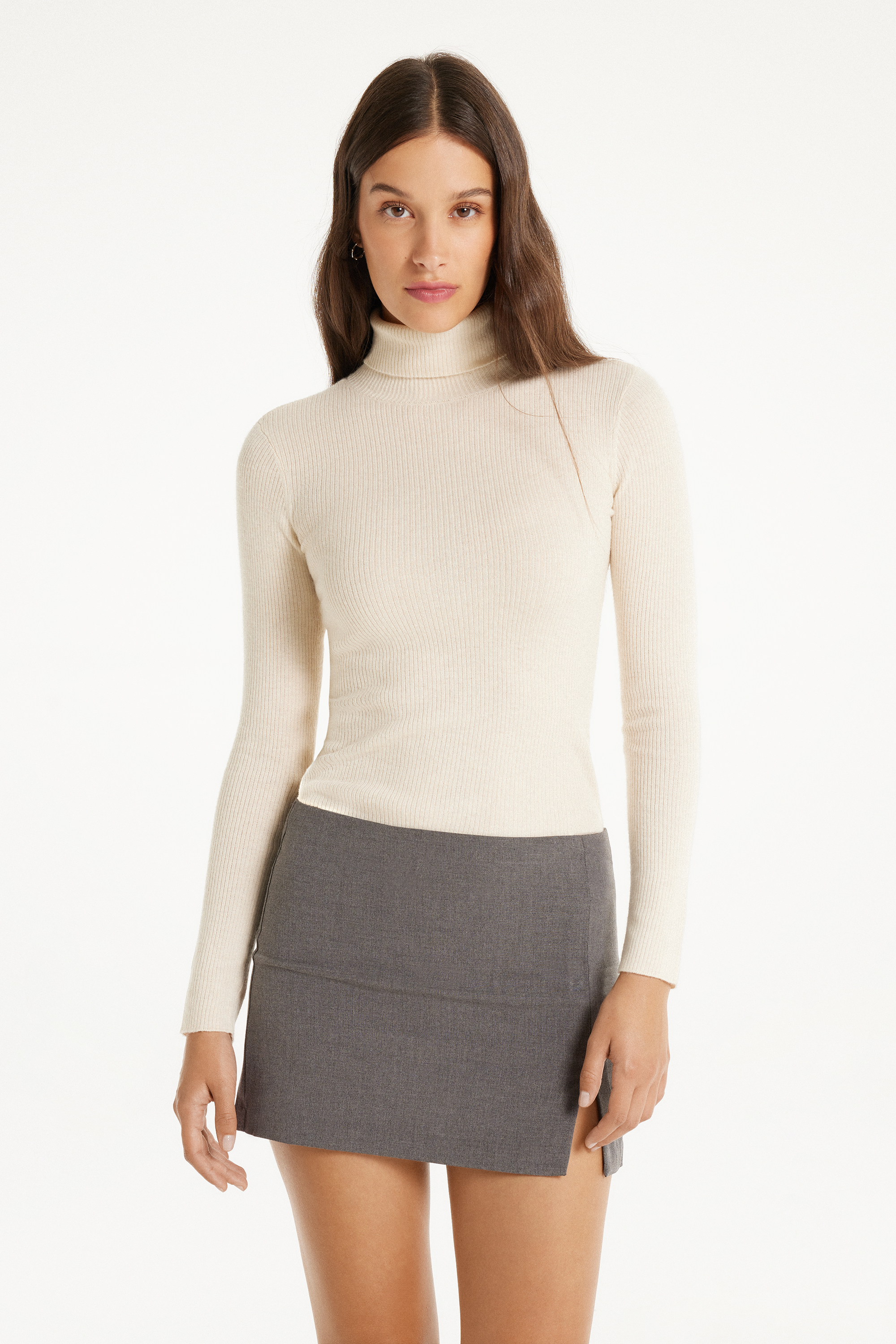 Long-Sleeved Ribbed Polo Neck Heavy Jersey with Wool
