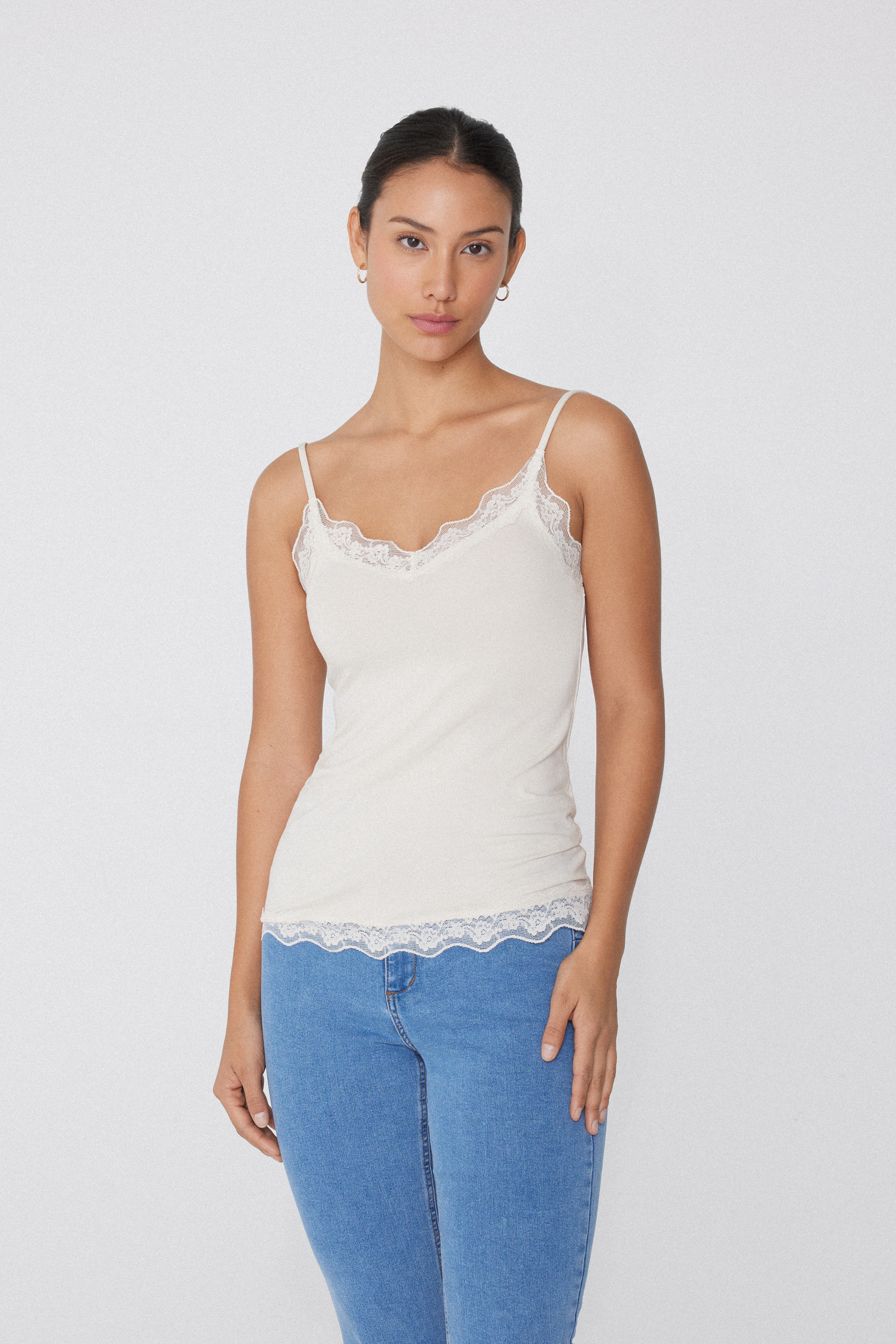 Viscose and Lace Camisole with Thin Shoulder Straps and V-Neck