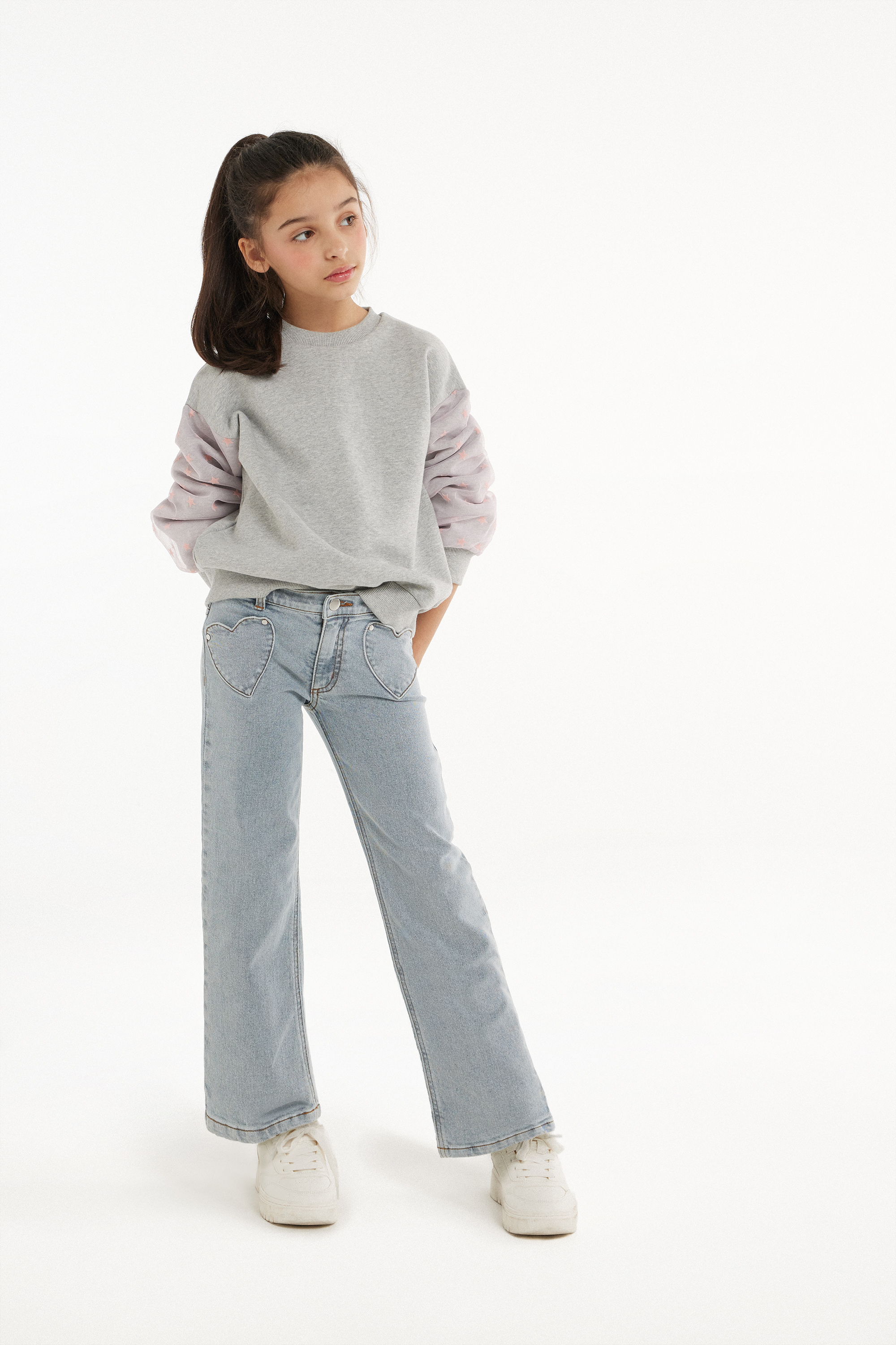 Long Straight Jeans with Heart-Shaped Pockets