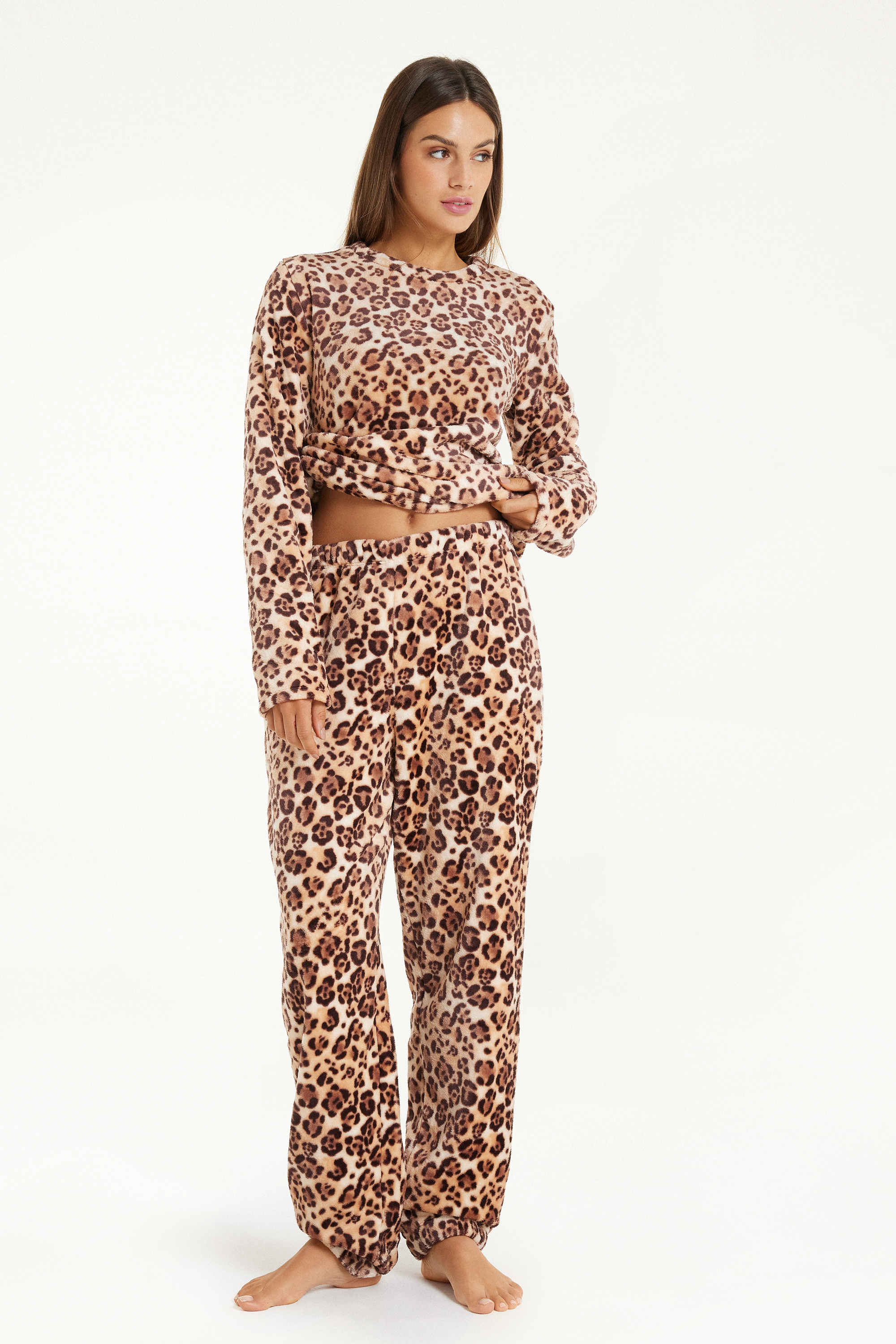 Langer Pyjama aus Fleece mit Leopardenprint