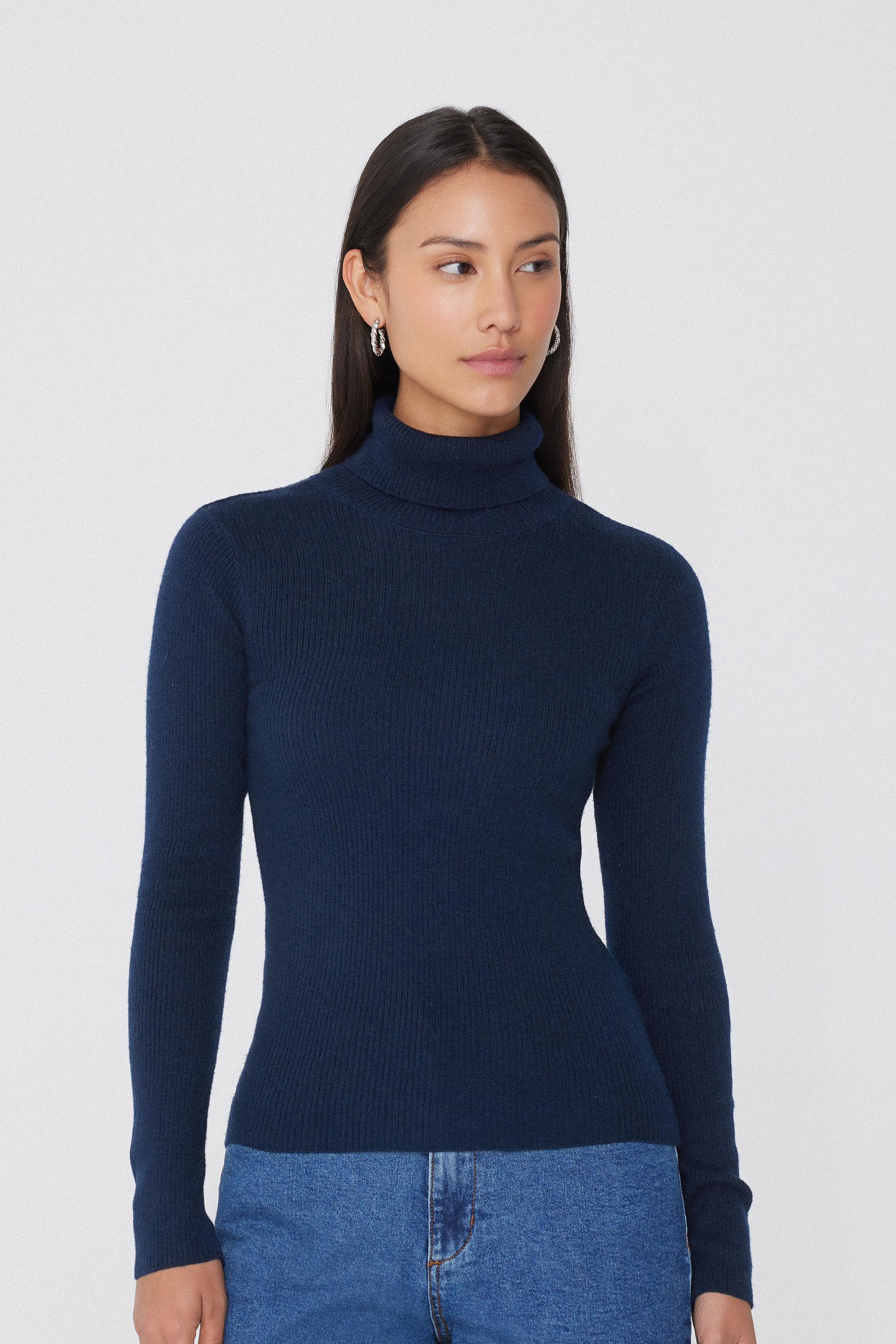 Long Sleeve Ribbed Polo Neck Heavy Knitwear with Wool