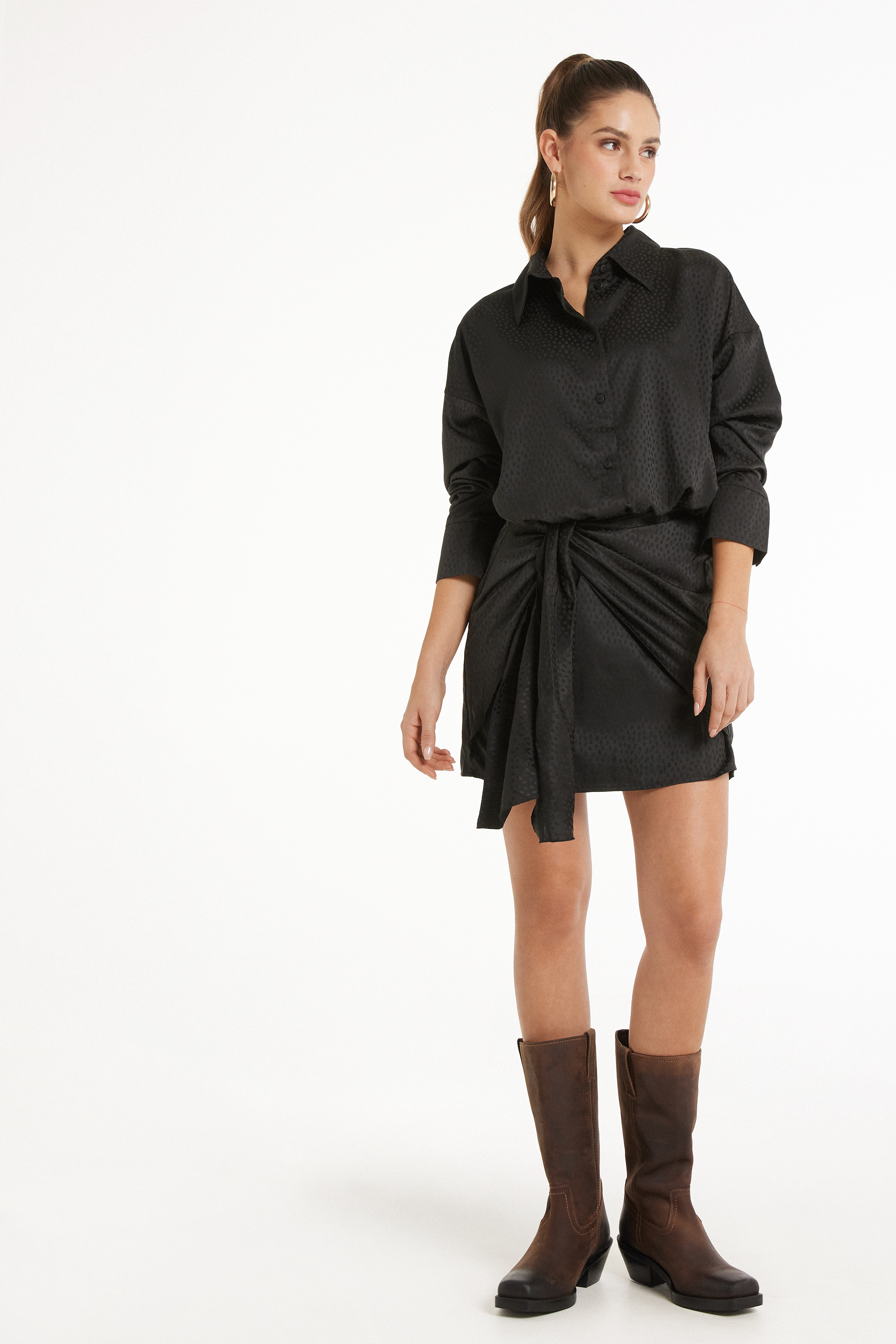 Long Sleeve Short Dress in Jacquard Satin