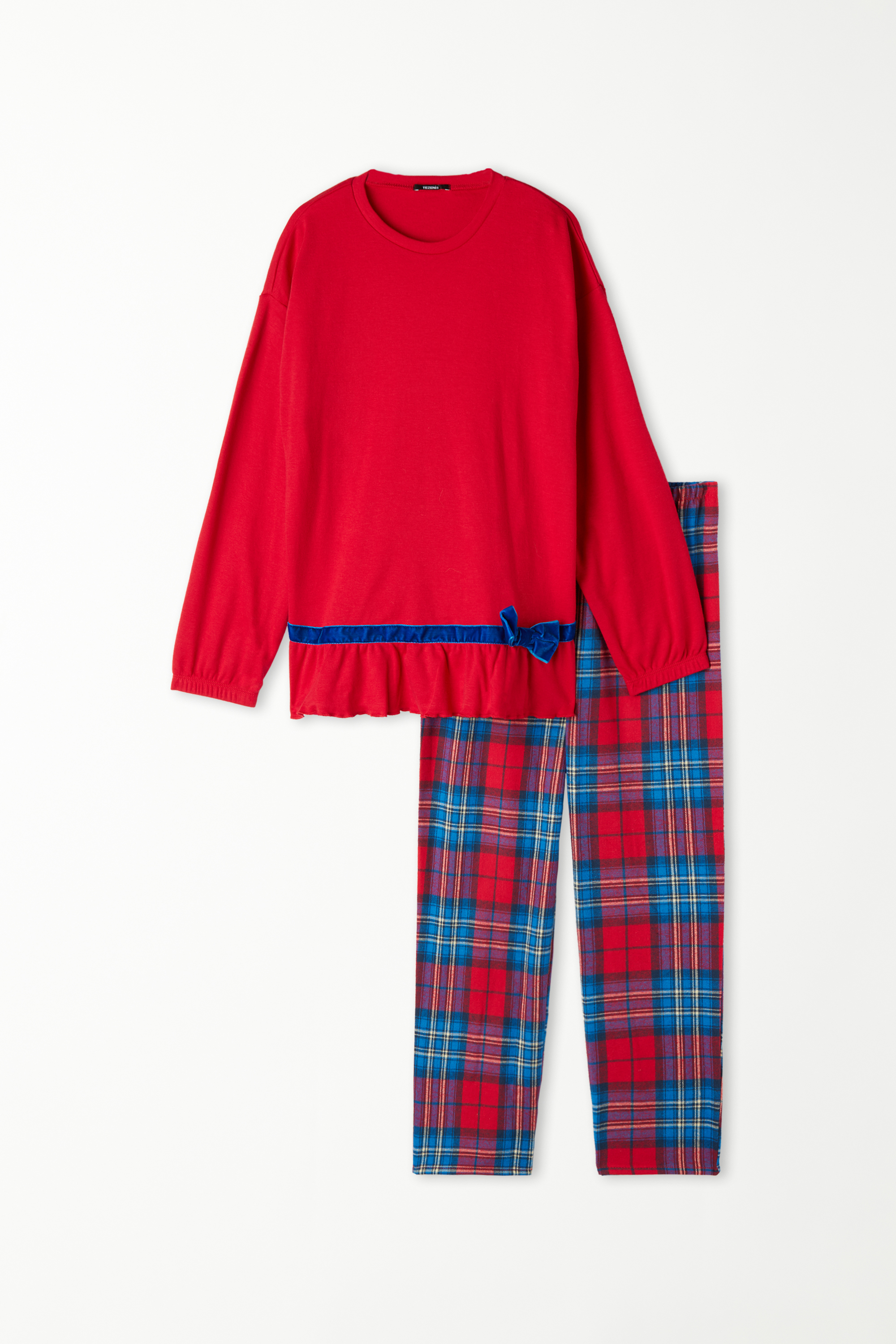 Langer Mädchen-Pyjama aus Baumwolle und Flanell mit Schleife