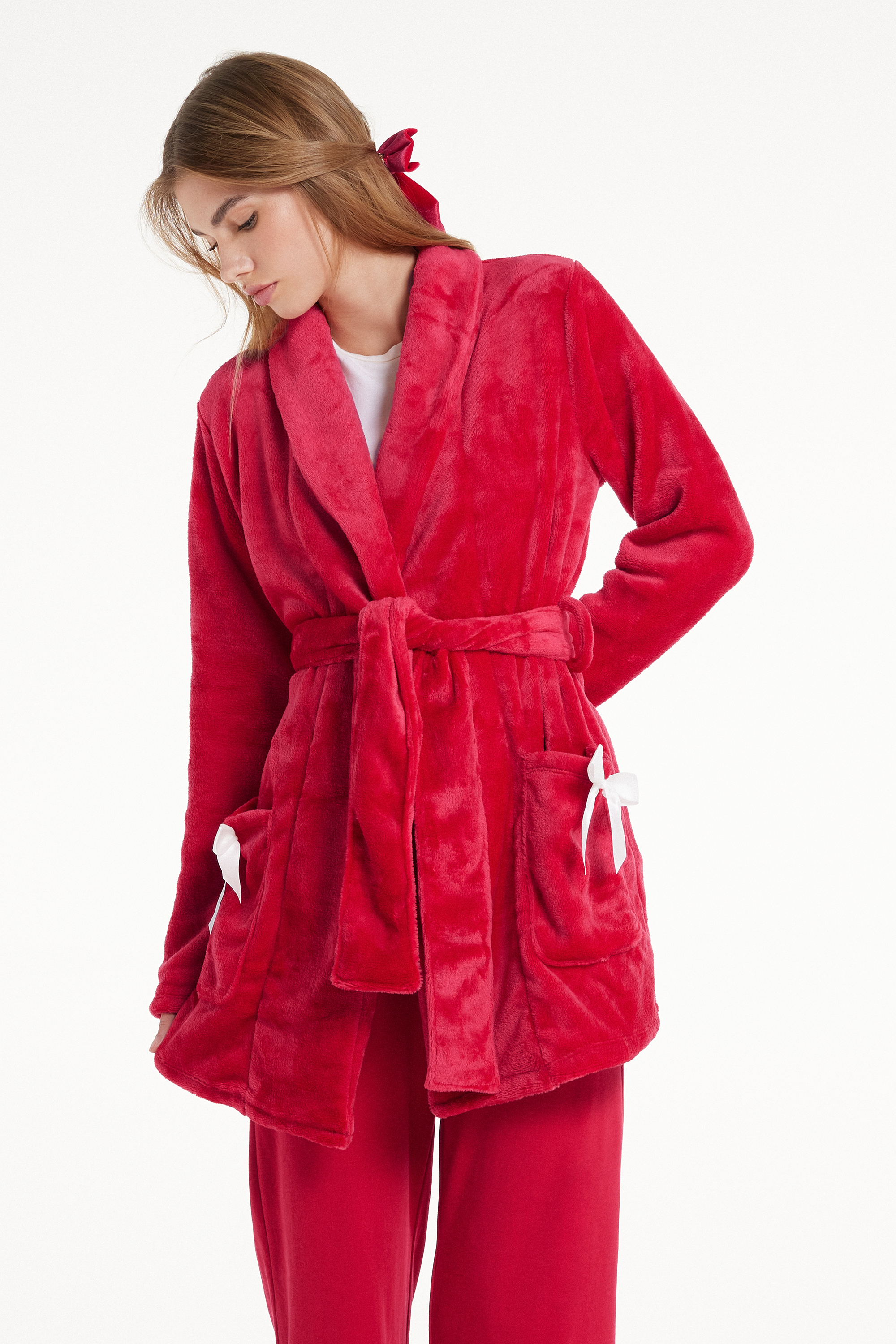Short Fleece Dressing Gown with Bows