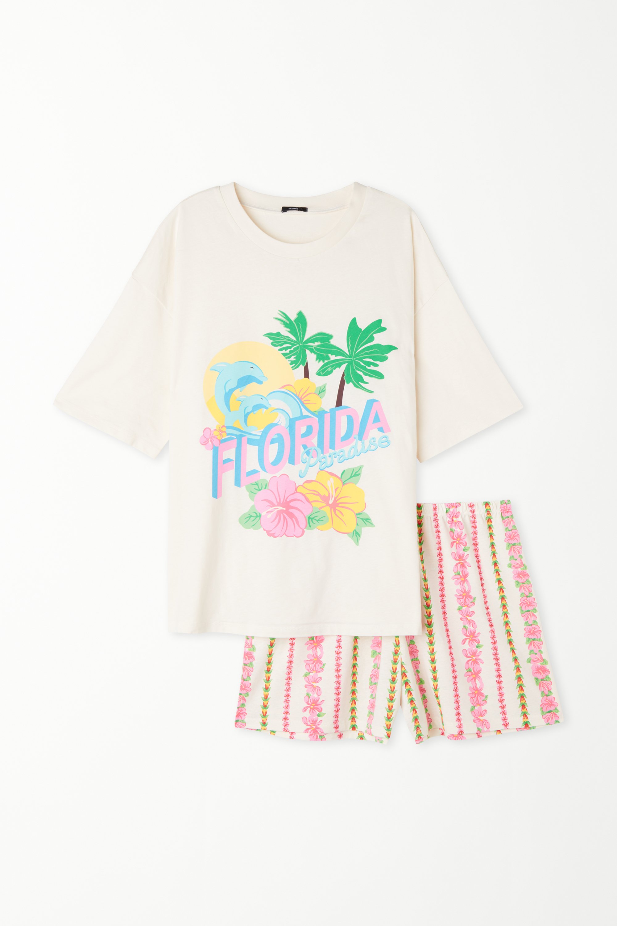 Krátke Pyžamo z Bavlny so Stredne Dlhým Rukávom a Potlačou "Florida Paradise"