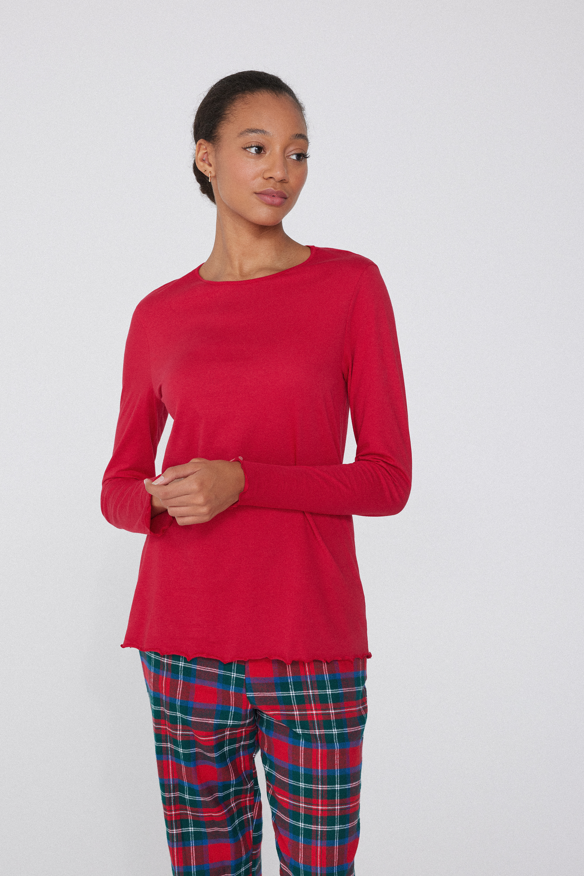 Long Sleeve Cotton Top with Rolled Hem