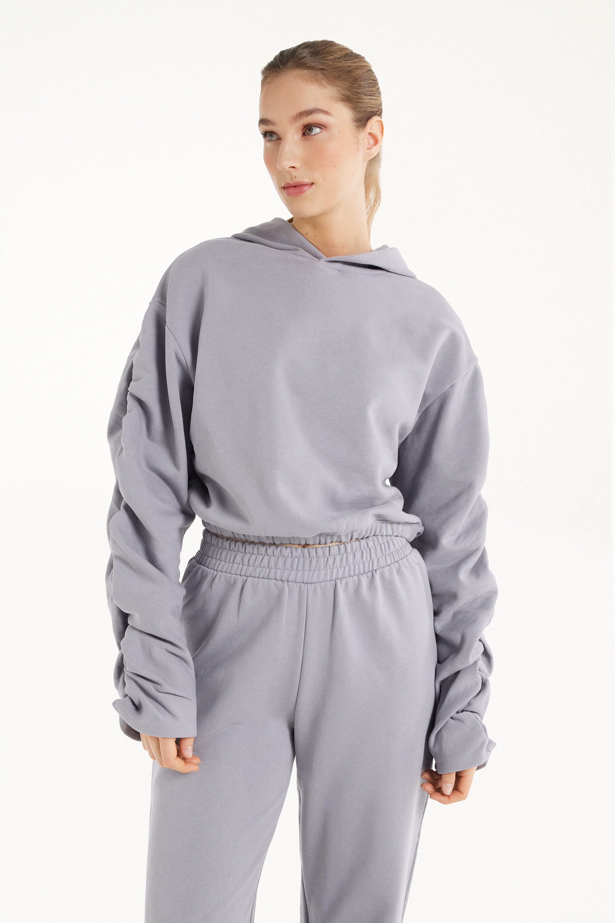 Cropped Hoodie Sweatshirt with Ruched Sleeves