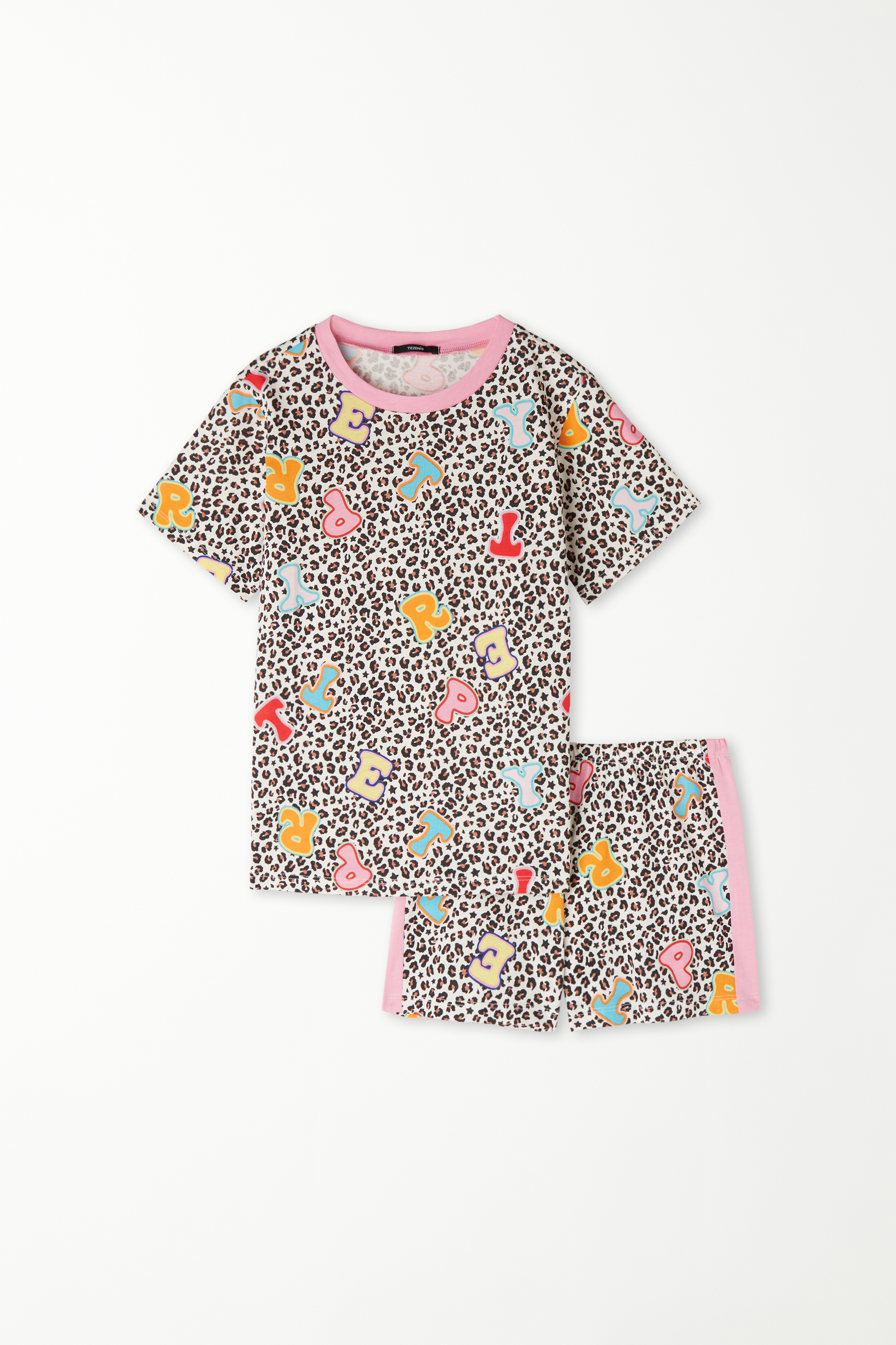Kurzer Baumwoll-Pyjama mit halblangen Ärmeln, Animal-Print und Buchstaben für Mädchen