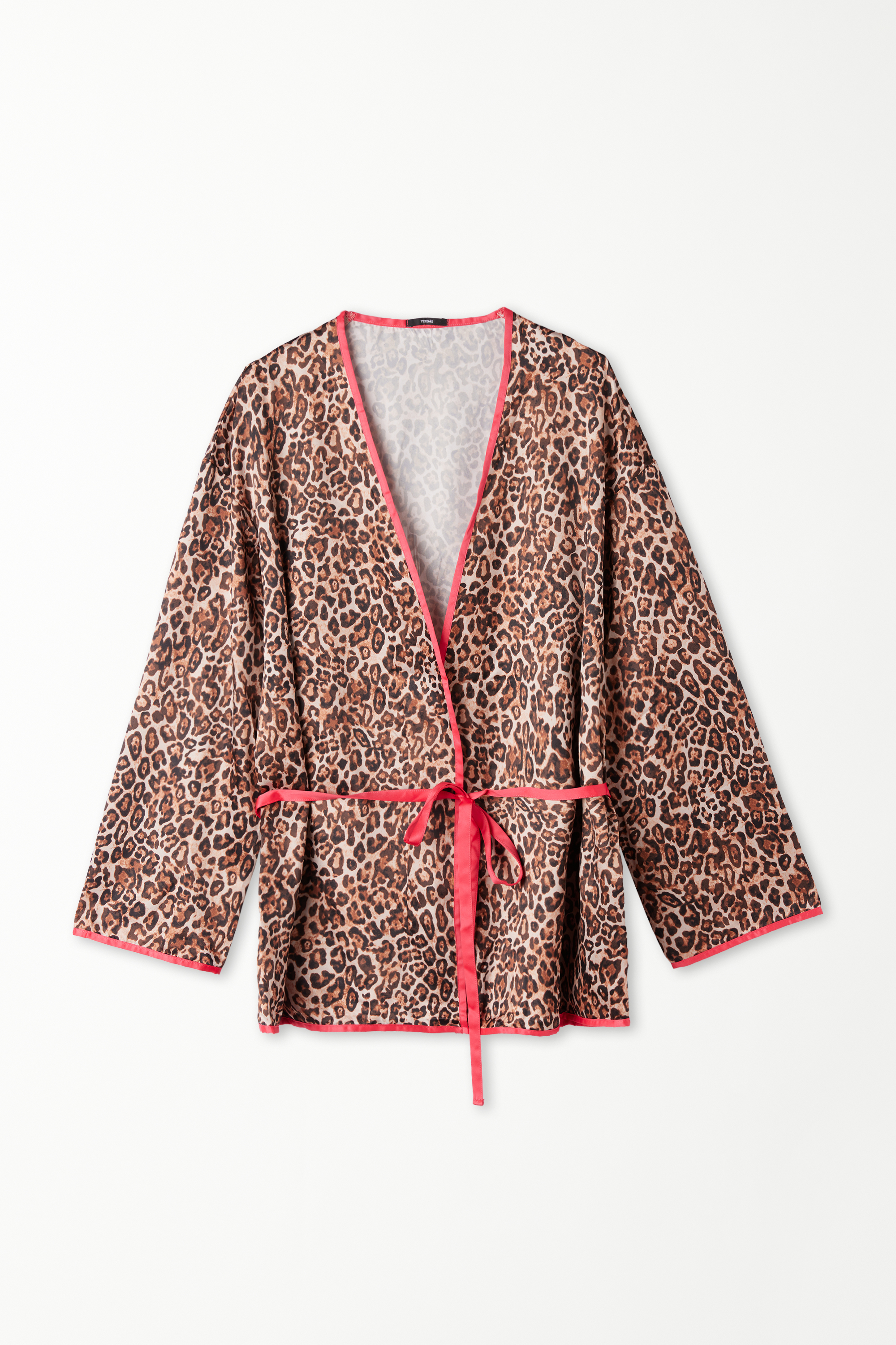 Strawberry Leopard Long-Sleeved Short Robe with Sash
