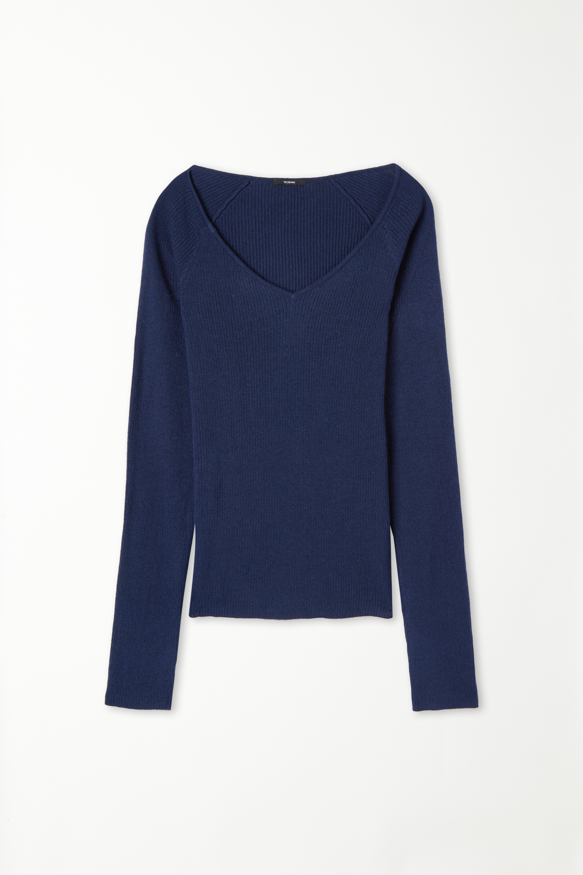 Long-Sleeved V-Neck Heavy Ribbed Jersey with Wool