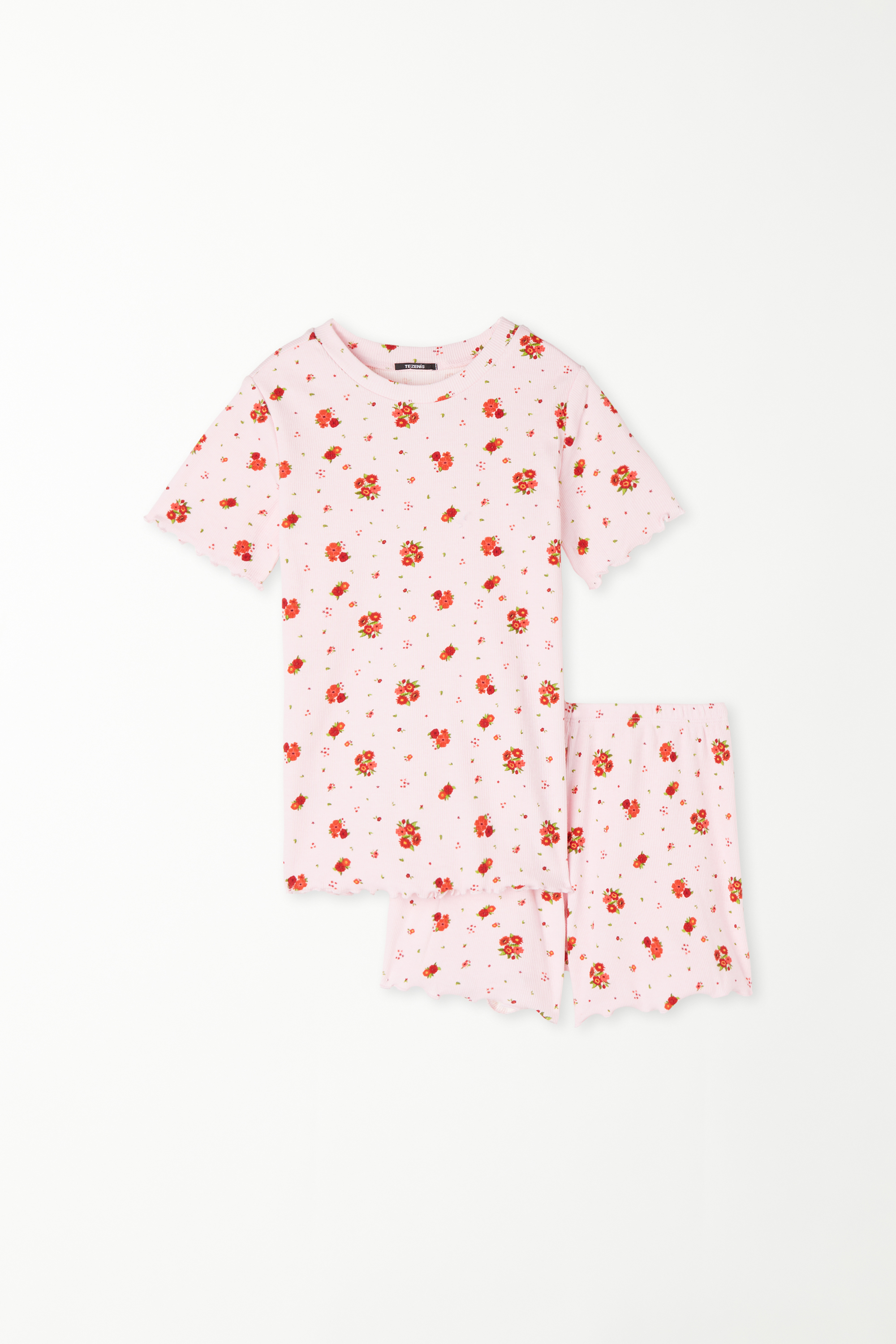 Girls’ Short Sleeve Short Ribbed Cotton Pyjamas with Rolled Hem