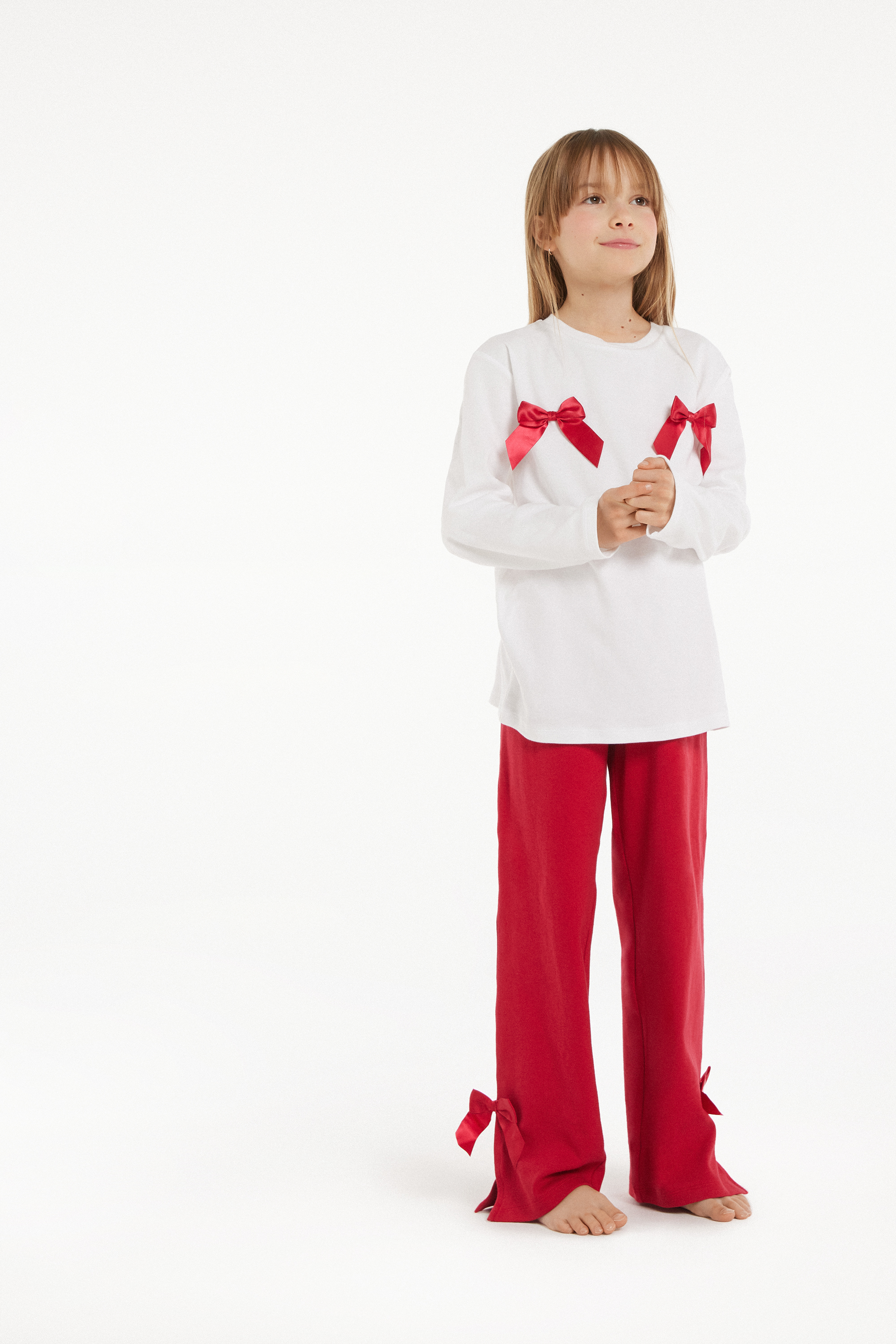 Dievčenské Dlhé Pyžamo z Ťažkej Bavlny s Mašľami