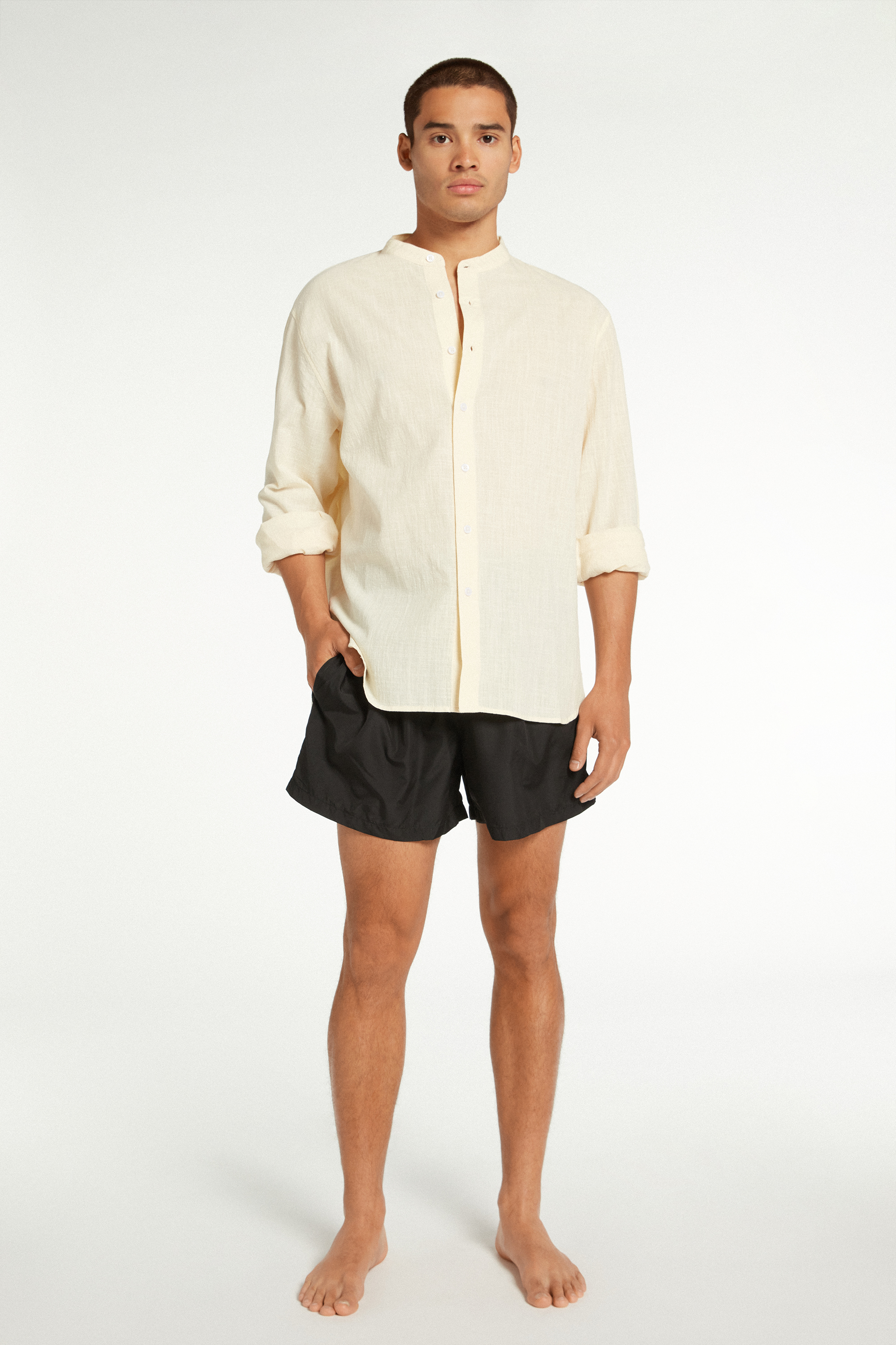 Men’s Long Sleeve Cotton Canvas Shirt with Mandarin Collar