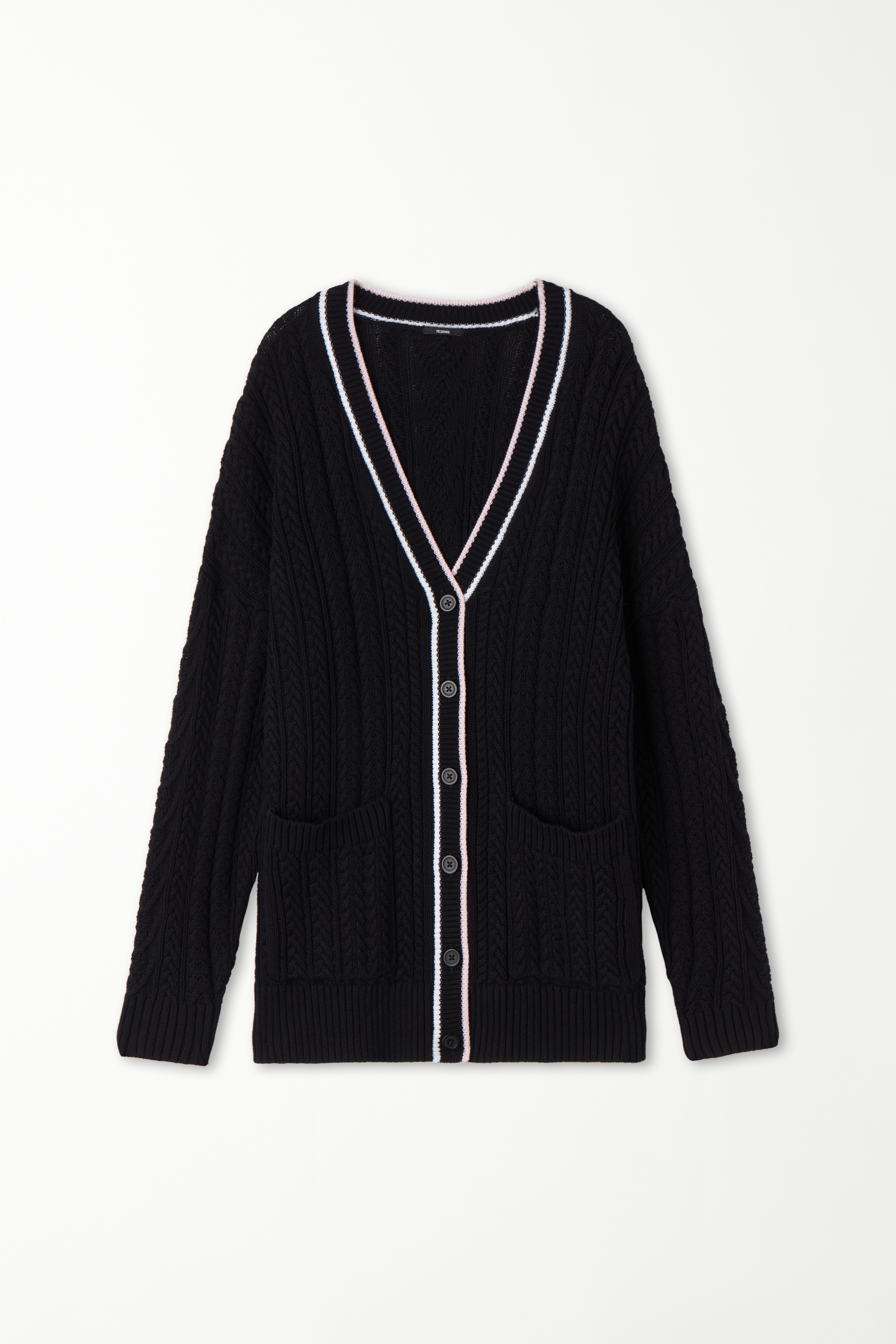 Long-Sleeved Cable-Knit Long Cardigan with Pockets