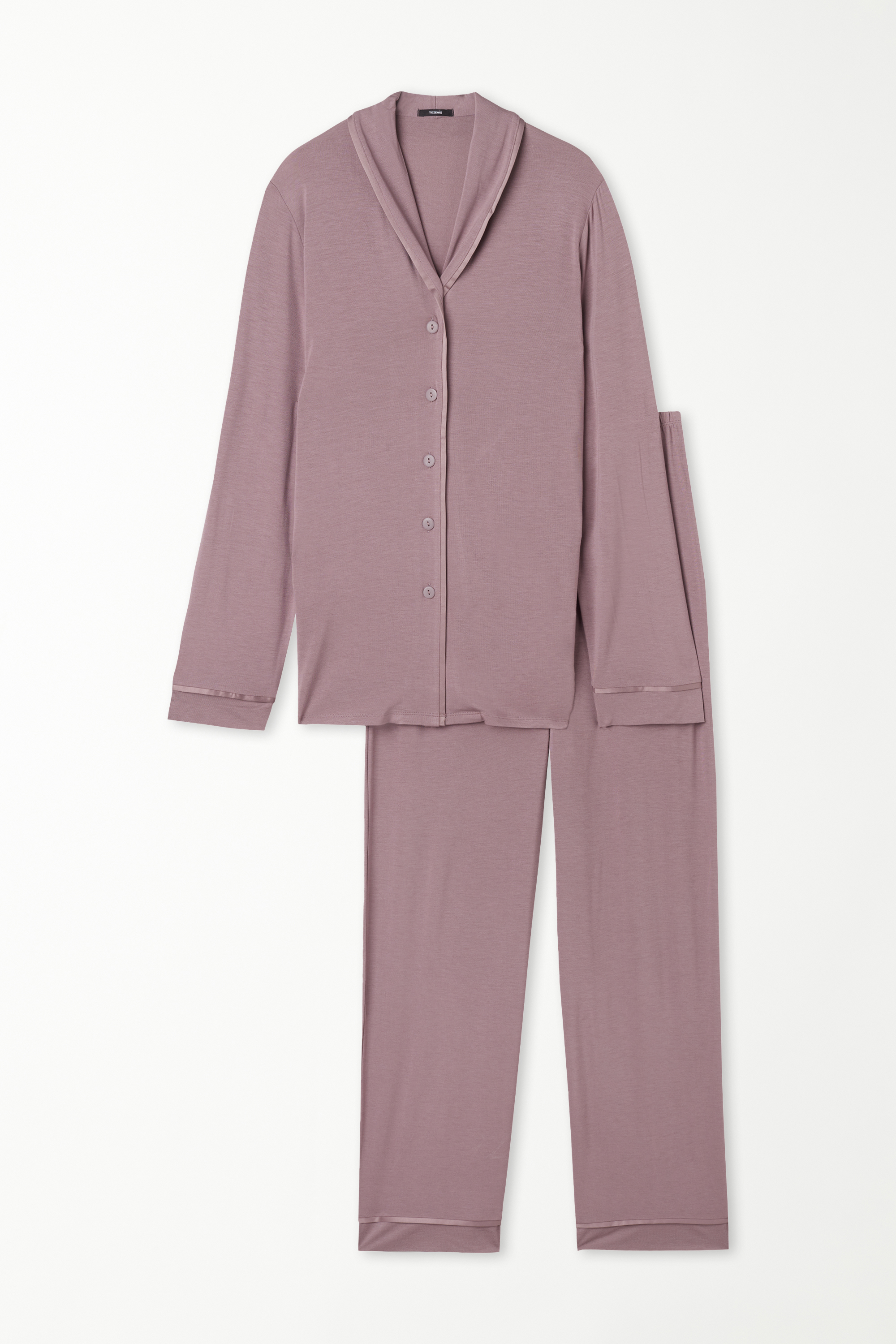 Long Button-Down Viscose Pyjamas with Satin Trim