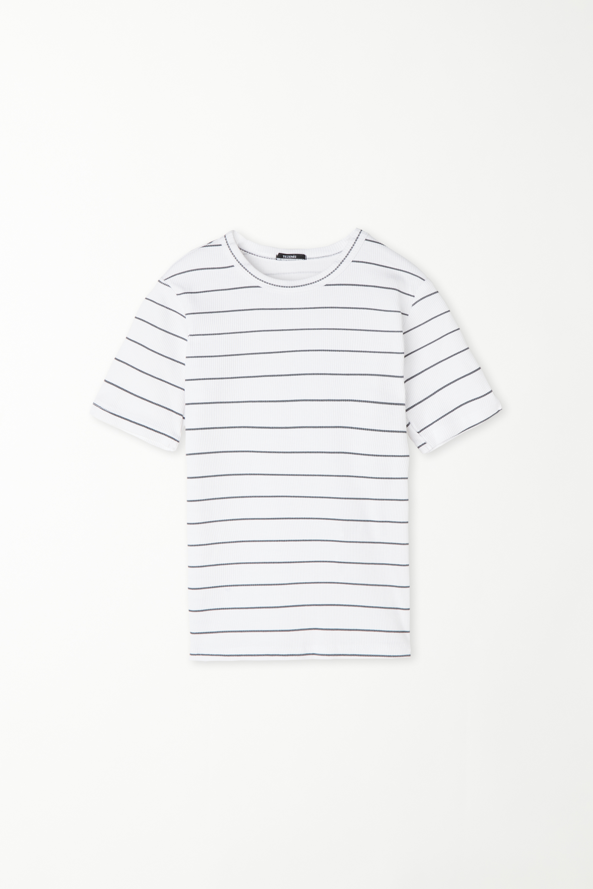 Rundhals-T-Shirt aus gerippter Baumwolle mit Streifenprint