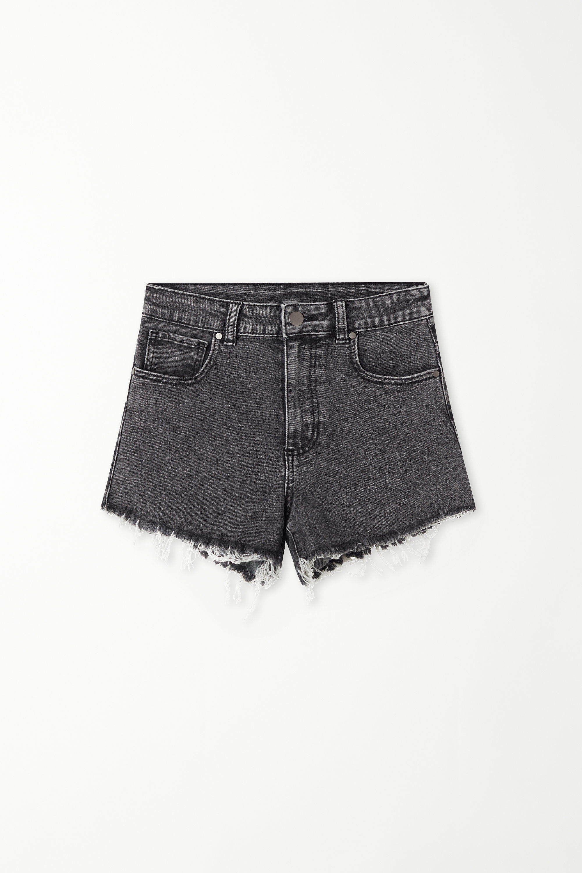 High-Waist Shorts in Fringed Denim