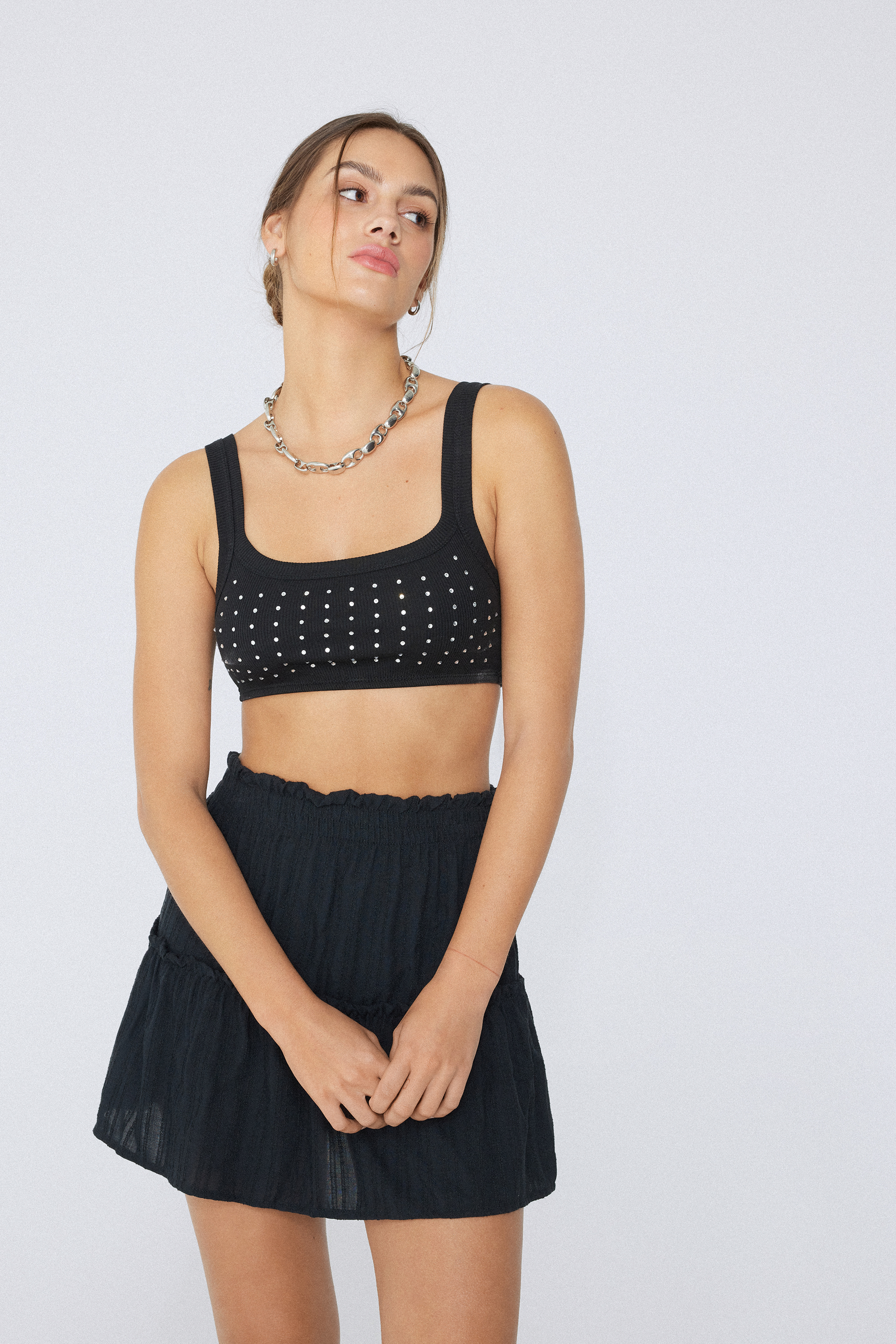 Kurzes geripptes Bustier-Top mit Strass