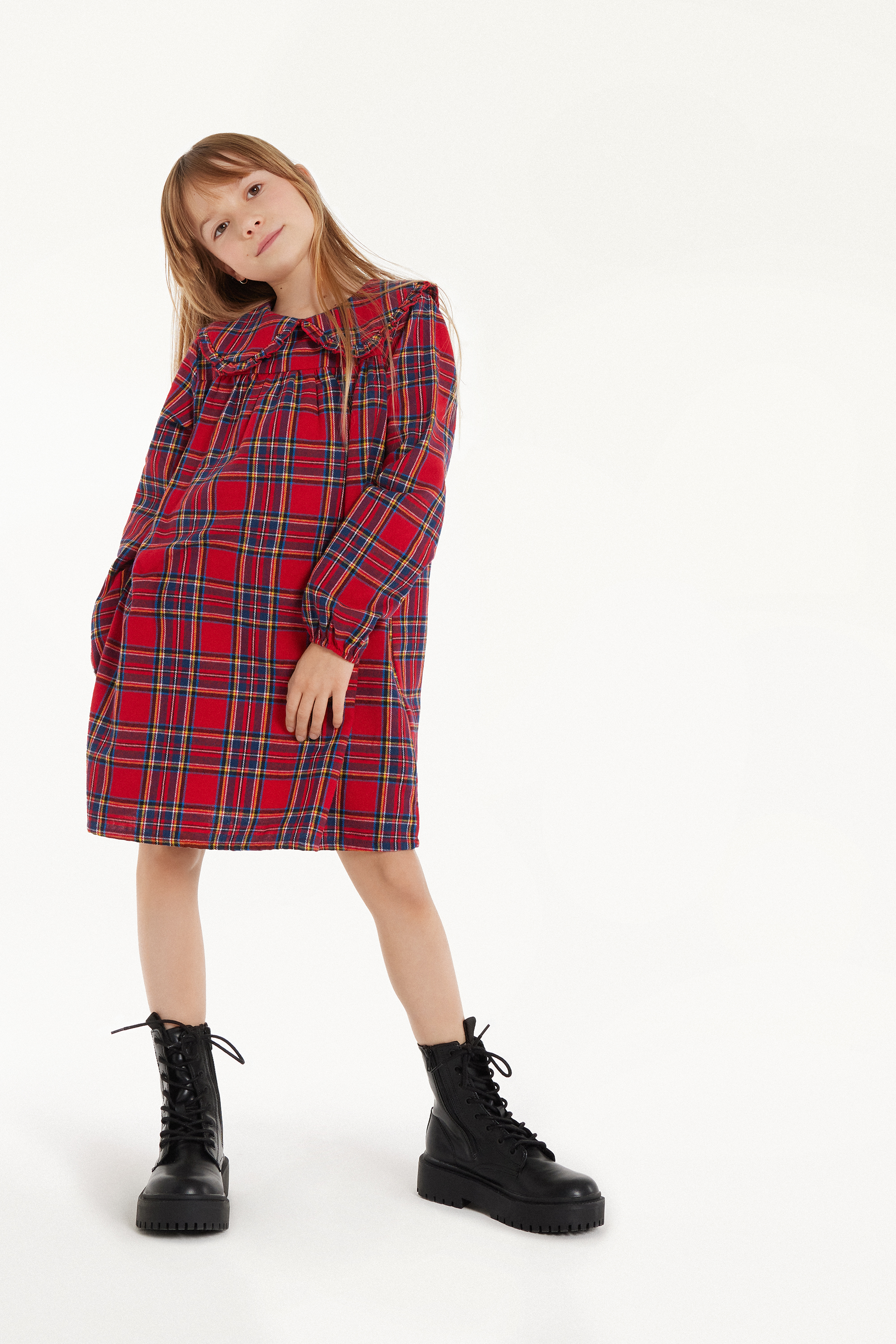 Robe Manches Longues en Flanelle Écossaise