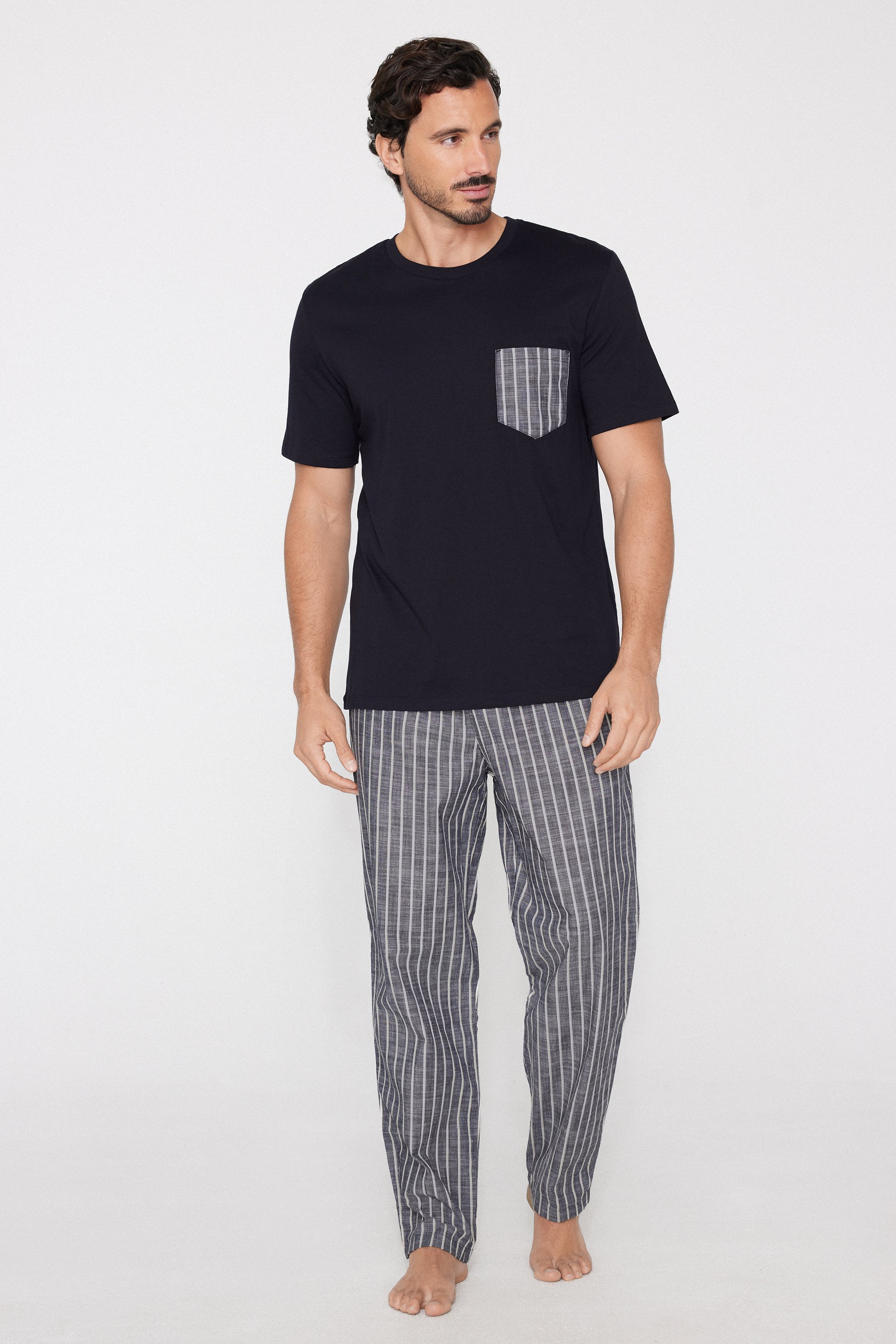 Pijama Largo de Media Manga de Algod&oacute;n con Bolsillo