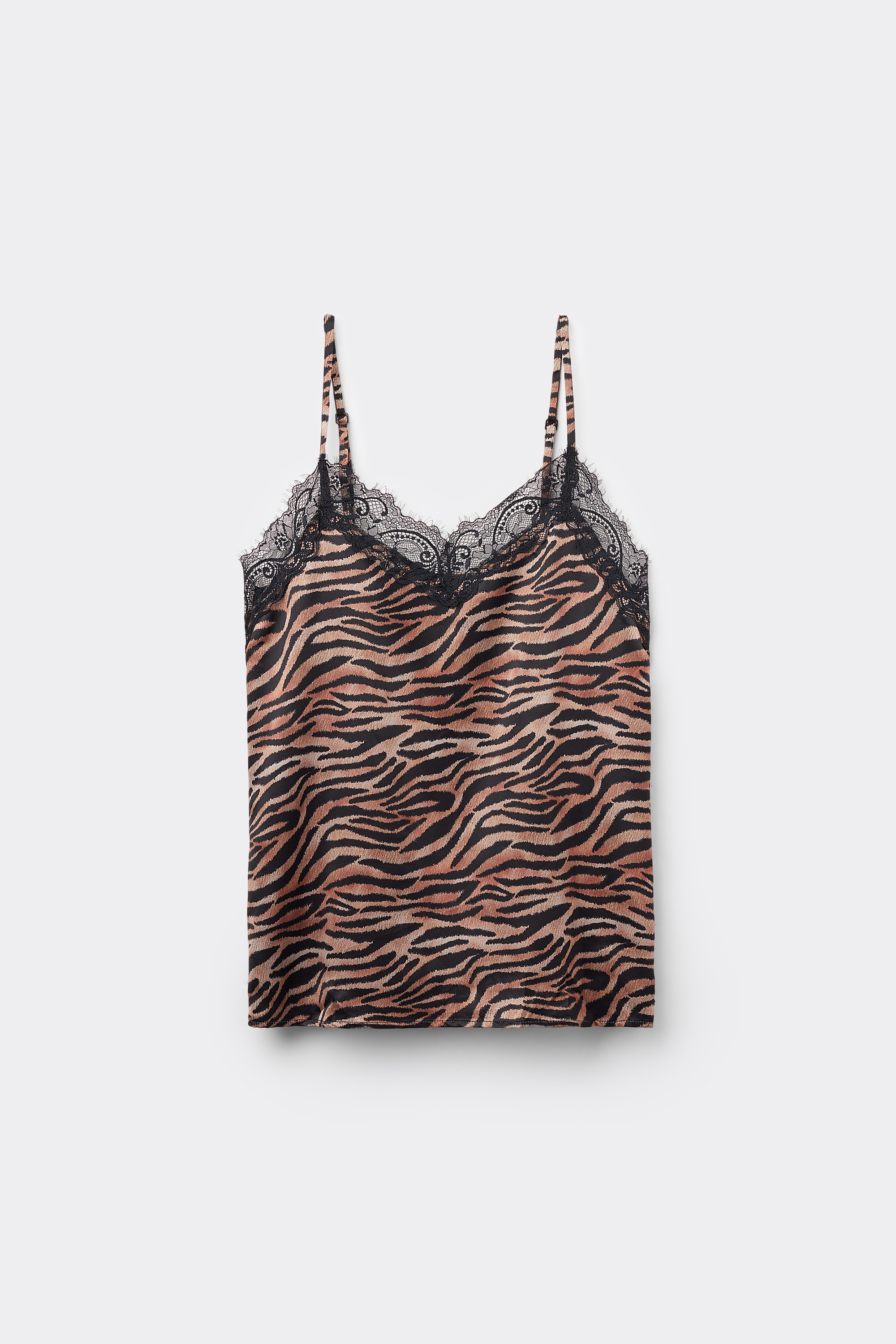 Printed Satin and Lace Spaghetti Strap Tank Top