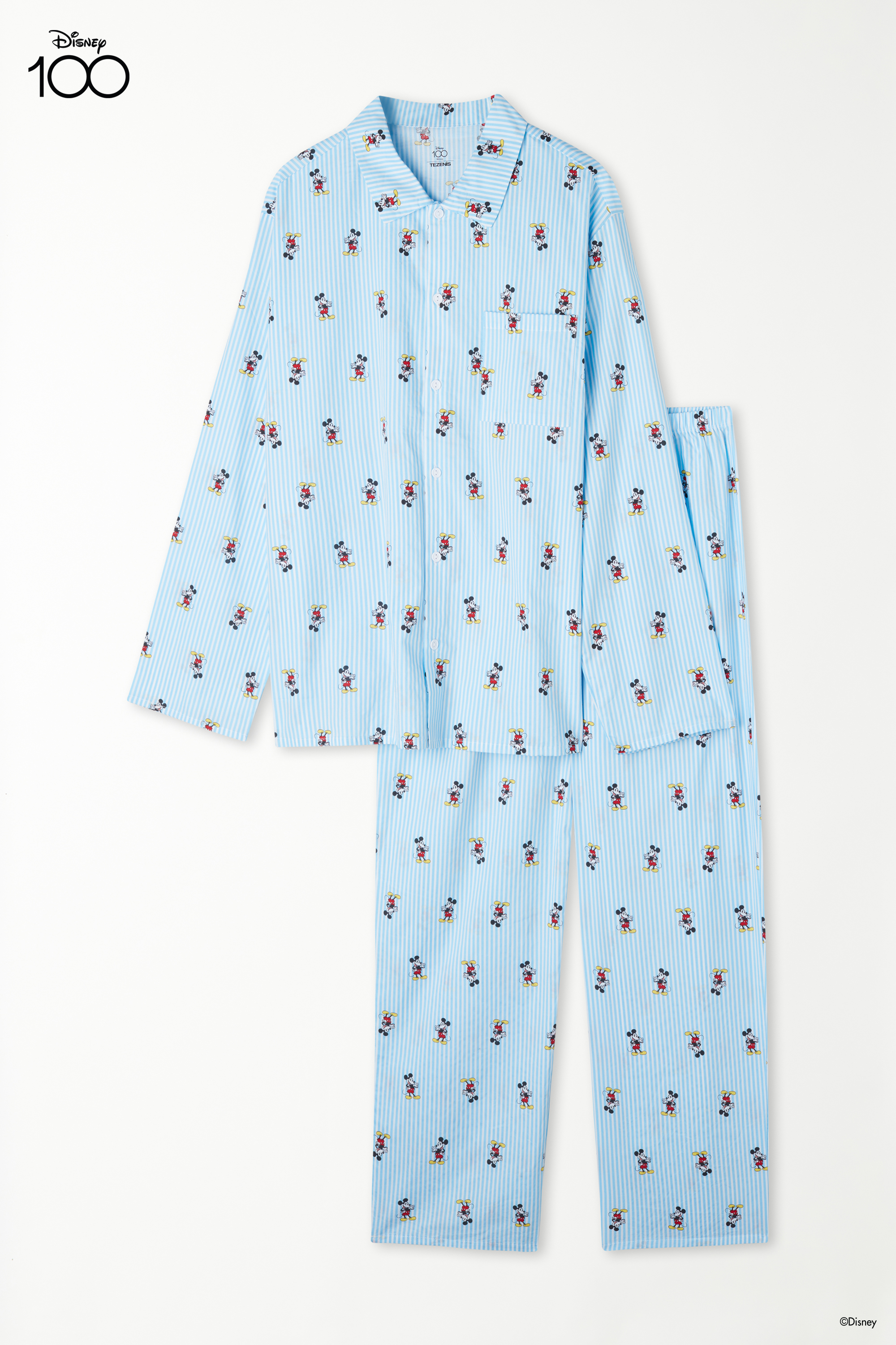 Langer Pyjama mit Knopfleiste aus Baumwolltuch mit Disney 100-Print