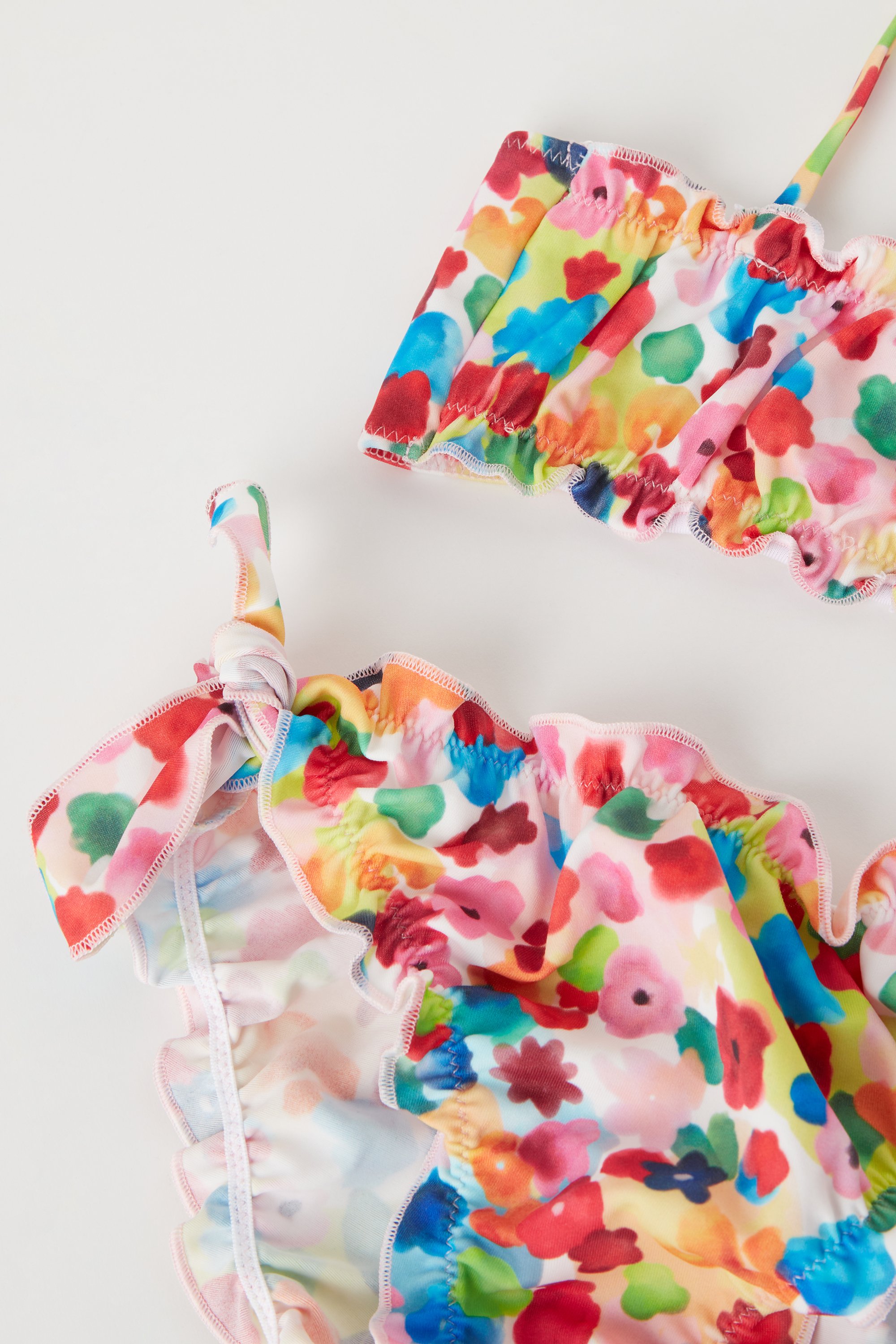 Girls’ Watercolour Flowers Bandeau Bikini Top and Bottoms with Ties